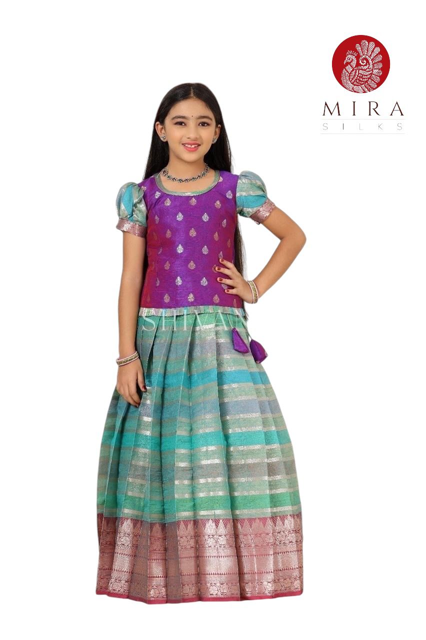 Purple and Turquoise Blue Pattu Pavadai Set - MIRASILKS Purple and Turquoise Blue Pattu Pavadai Set