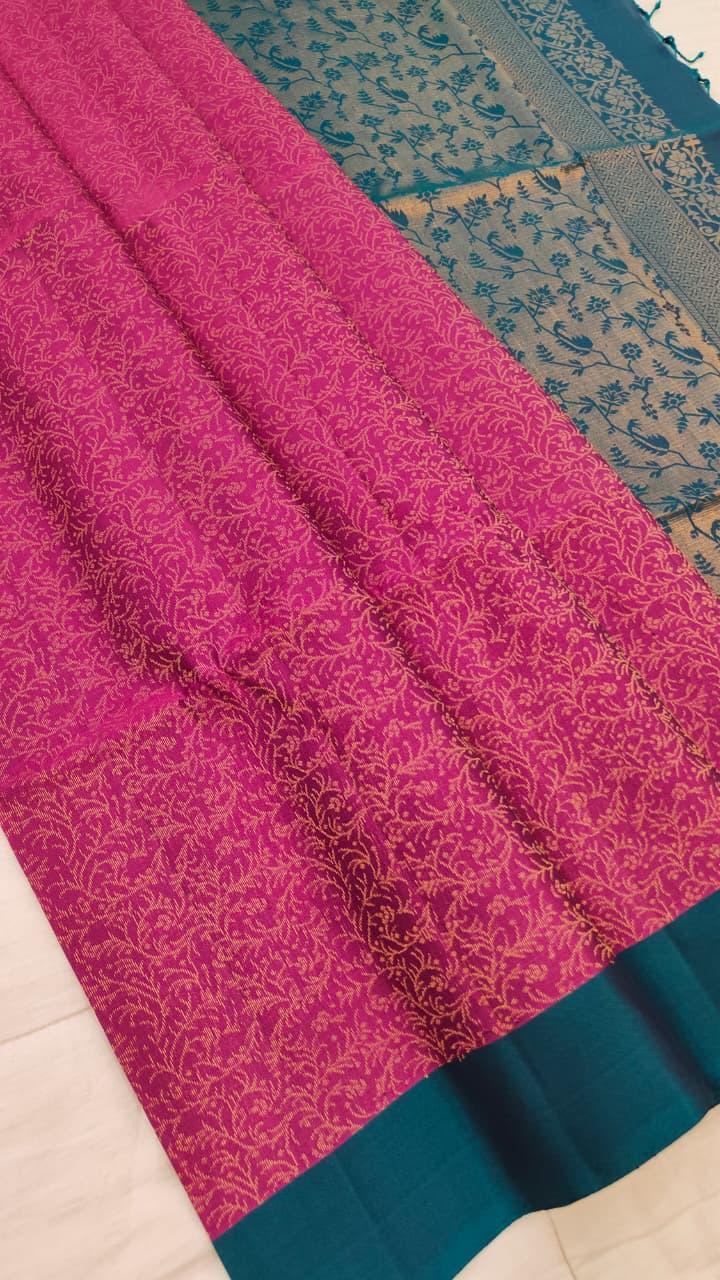 Raspberry Rose Soft Silk Saree with Dark Teal Pallu