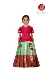 Red and Sea Green Pattu Pavadai Set | 1-2 years - MIRASILKS Red and Sea Green Pattu Pavadai Set | 1-2 years