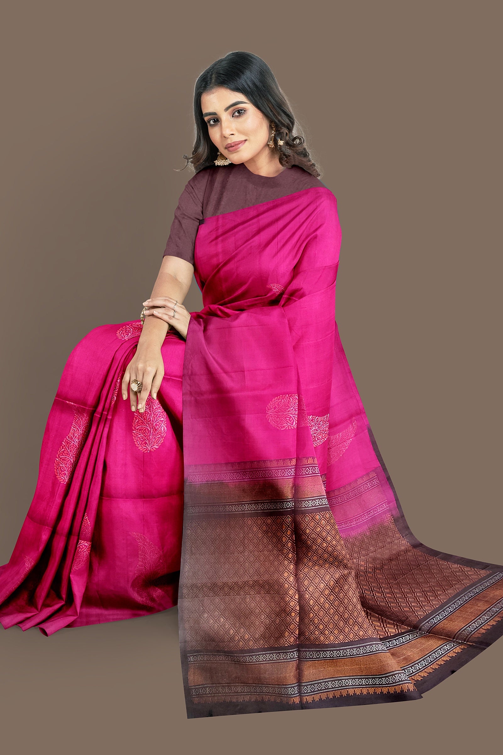 Rouge pink with brown soft silk saree - MIRASILKS Rouge pink with brown soft silk saree