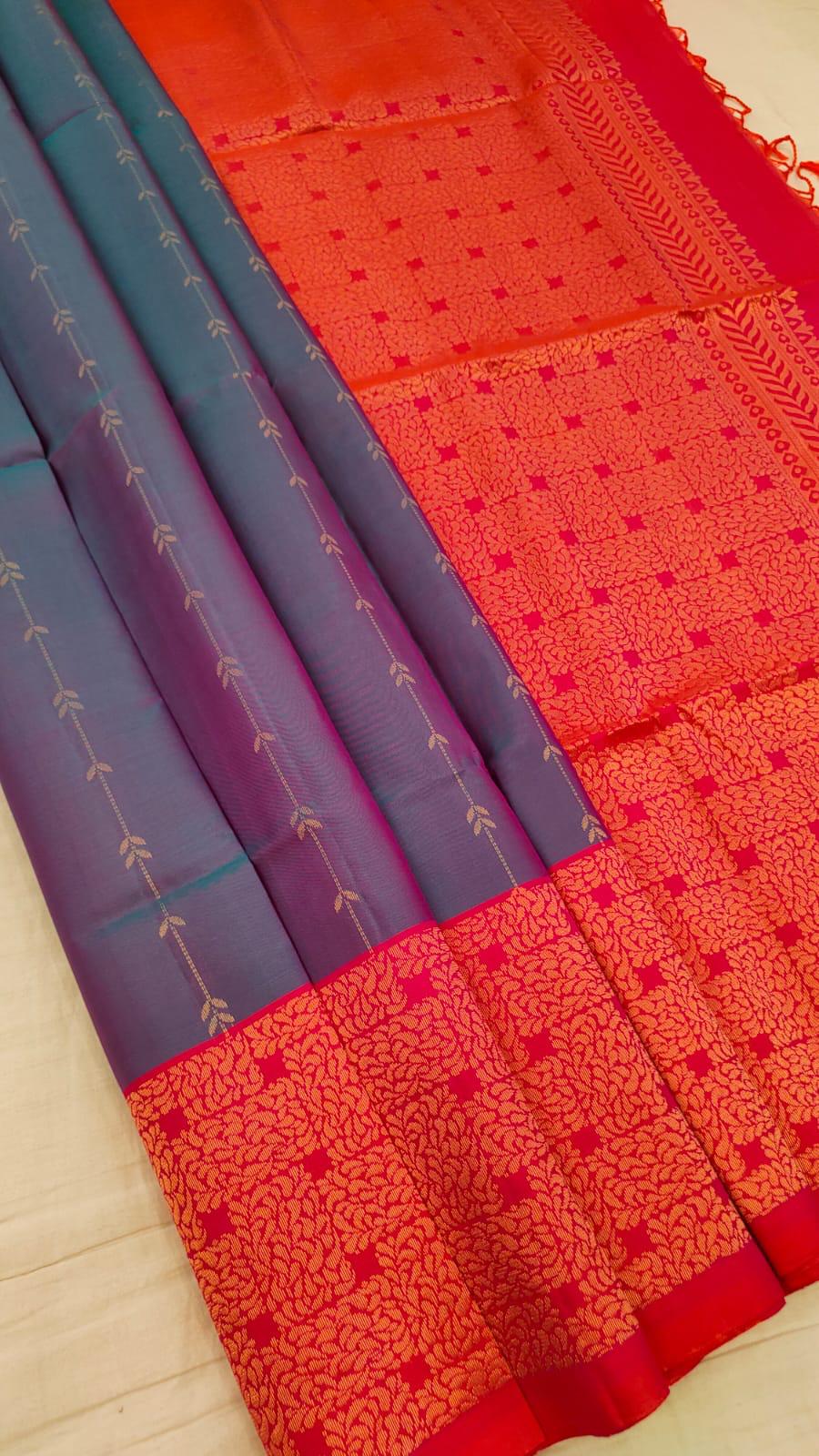 Slate Grey Soft Silk Saree with Lava Red Pallu