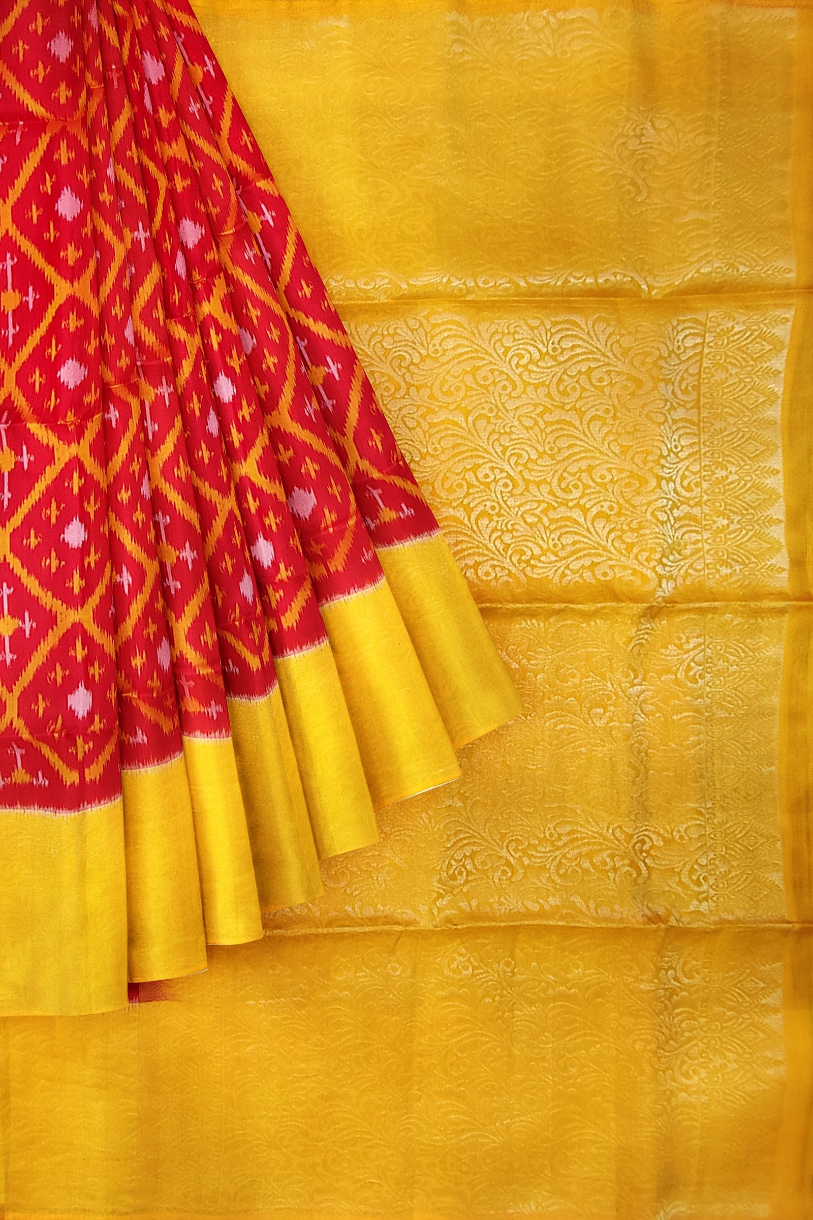 Fire red with orange yellow brocade patola soft silk saree - MIRASILKS Fire red with orange yellow brocade patola soft silk saree