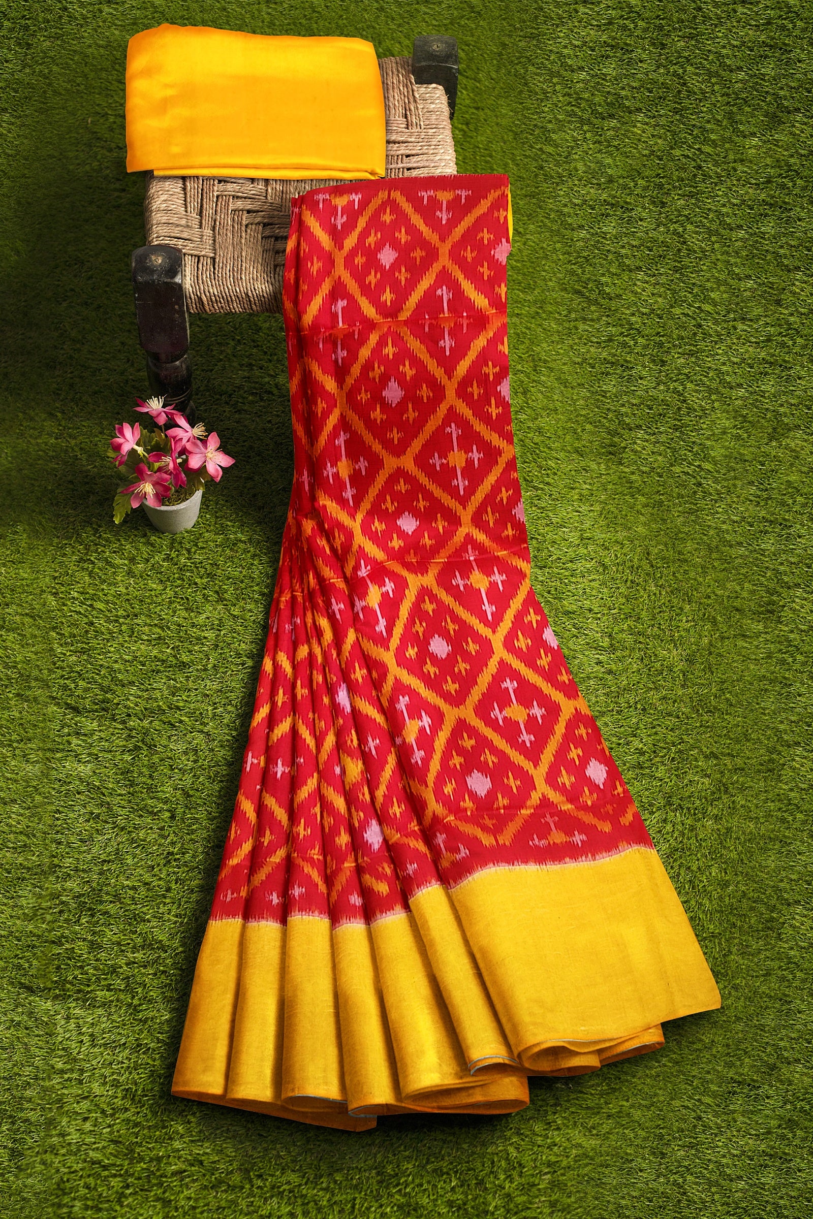 Fire red with orange yellow brocade patola soft silk saree - MIRASILKS Fire red with orange yellow brocade patola soft silk saree
