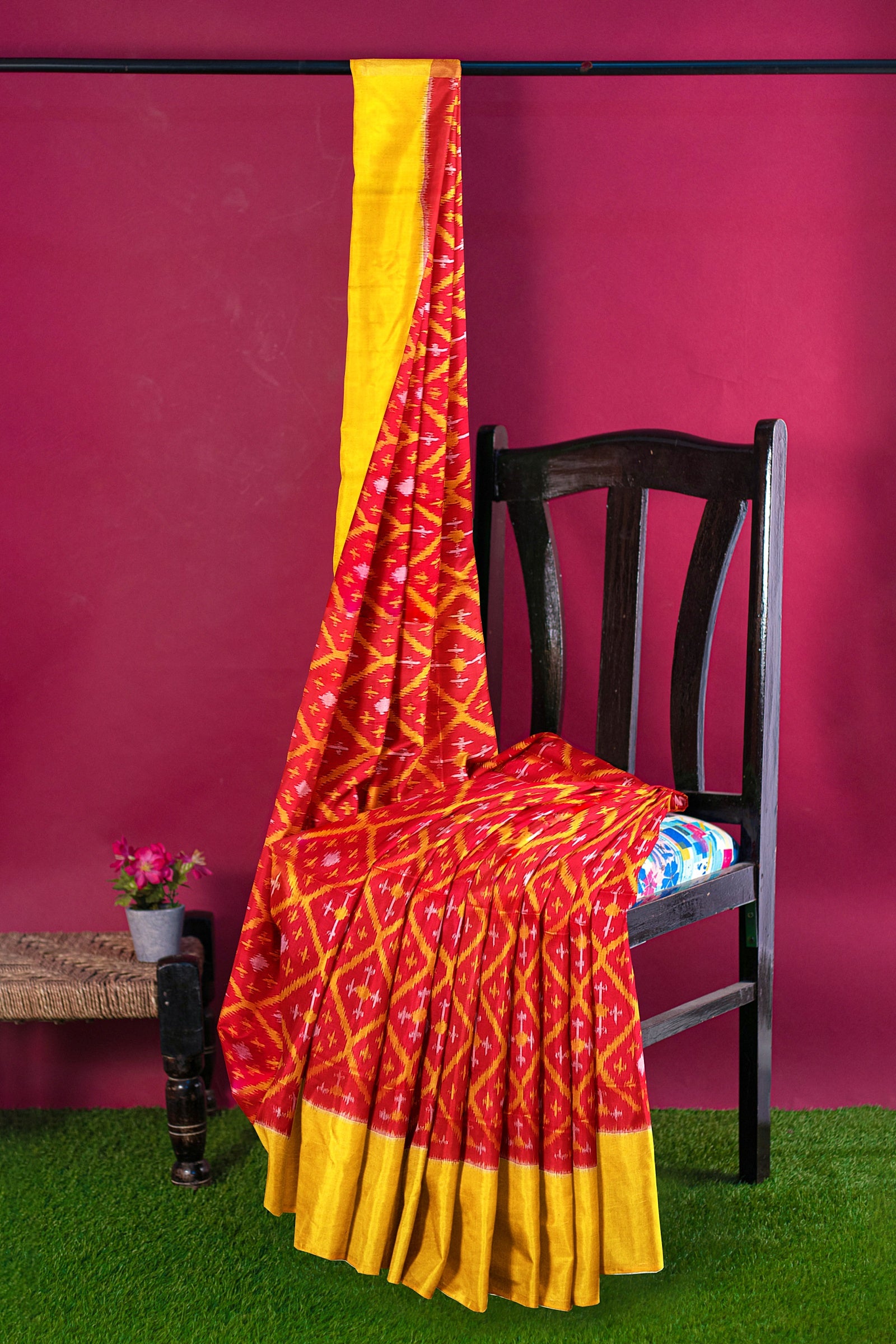 Fire red with orange yellow brocade patola soft silk saree - MIRASILKS Fire red with orange yellow brocade patola soft silk saree