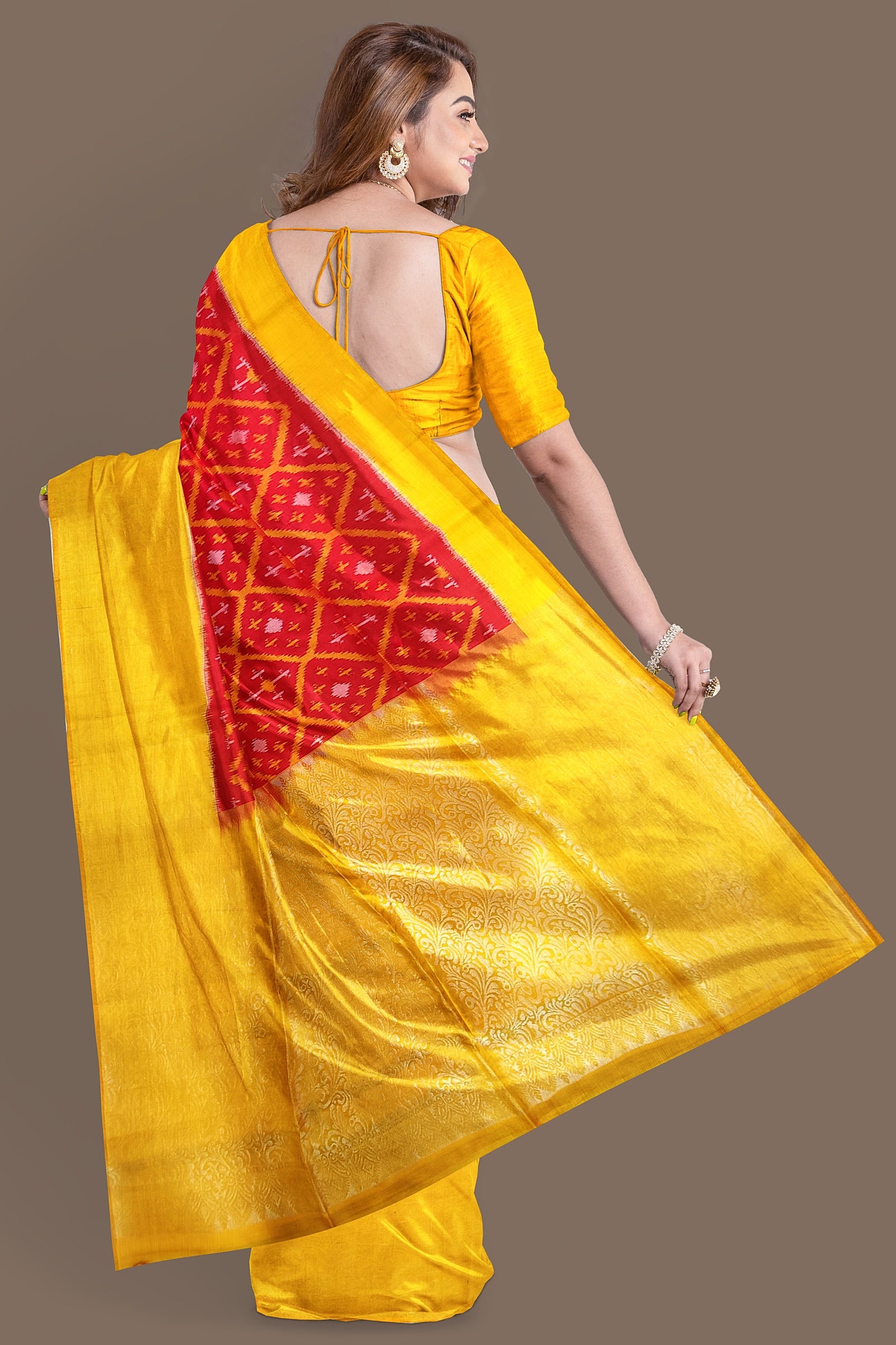 Fire red with orange yellow brocade patola soft silk saree - MIRASILKS Fire red with orange yellow brocade patola soft silk saree