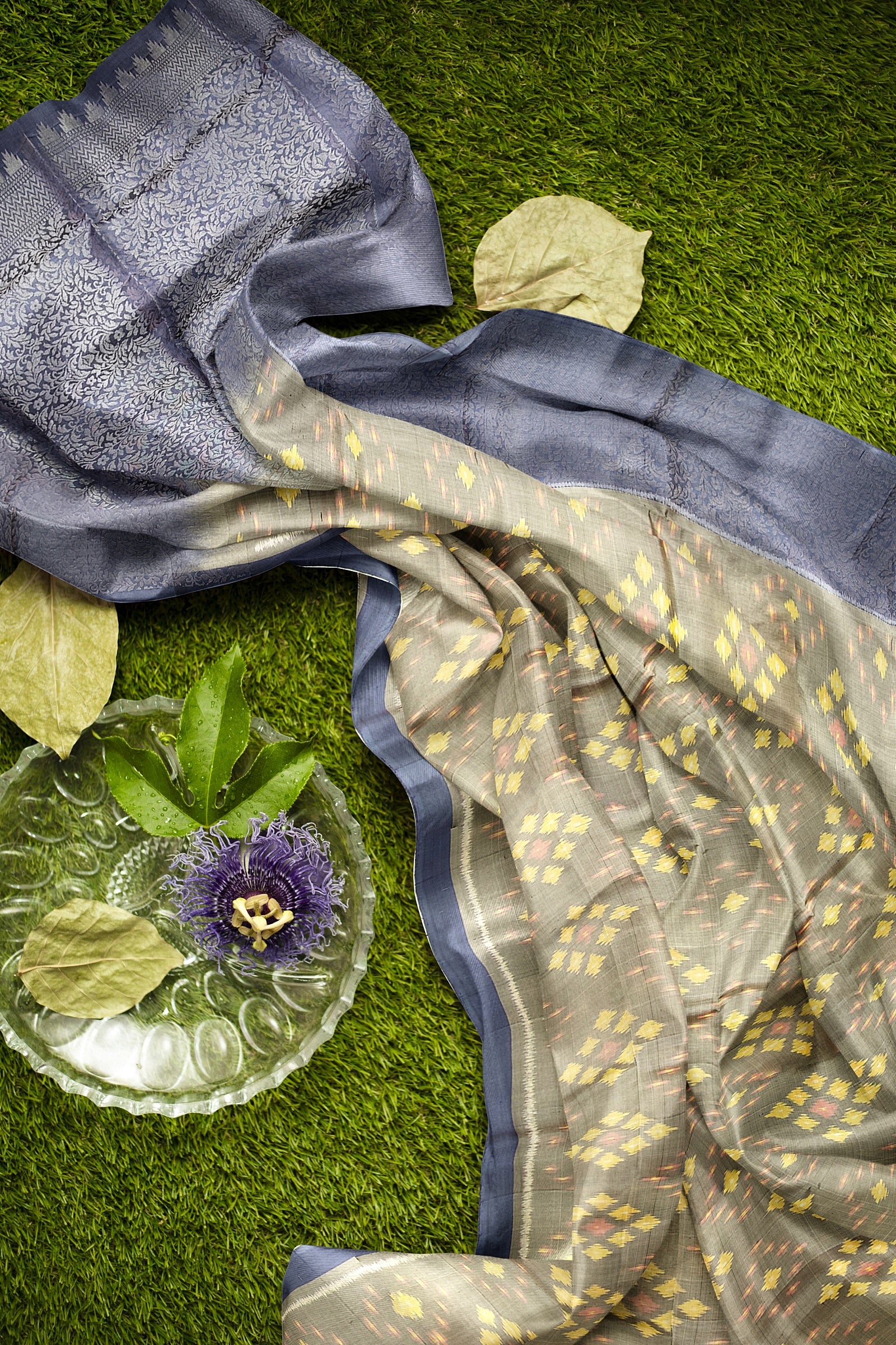 Hampshire gray with mid blue brocade patola soft silk saree - MIRASILKS Hampshire gray with mid blue brocade patola soft silk saree