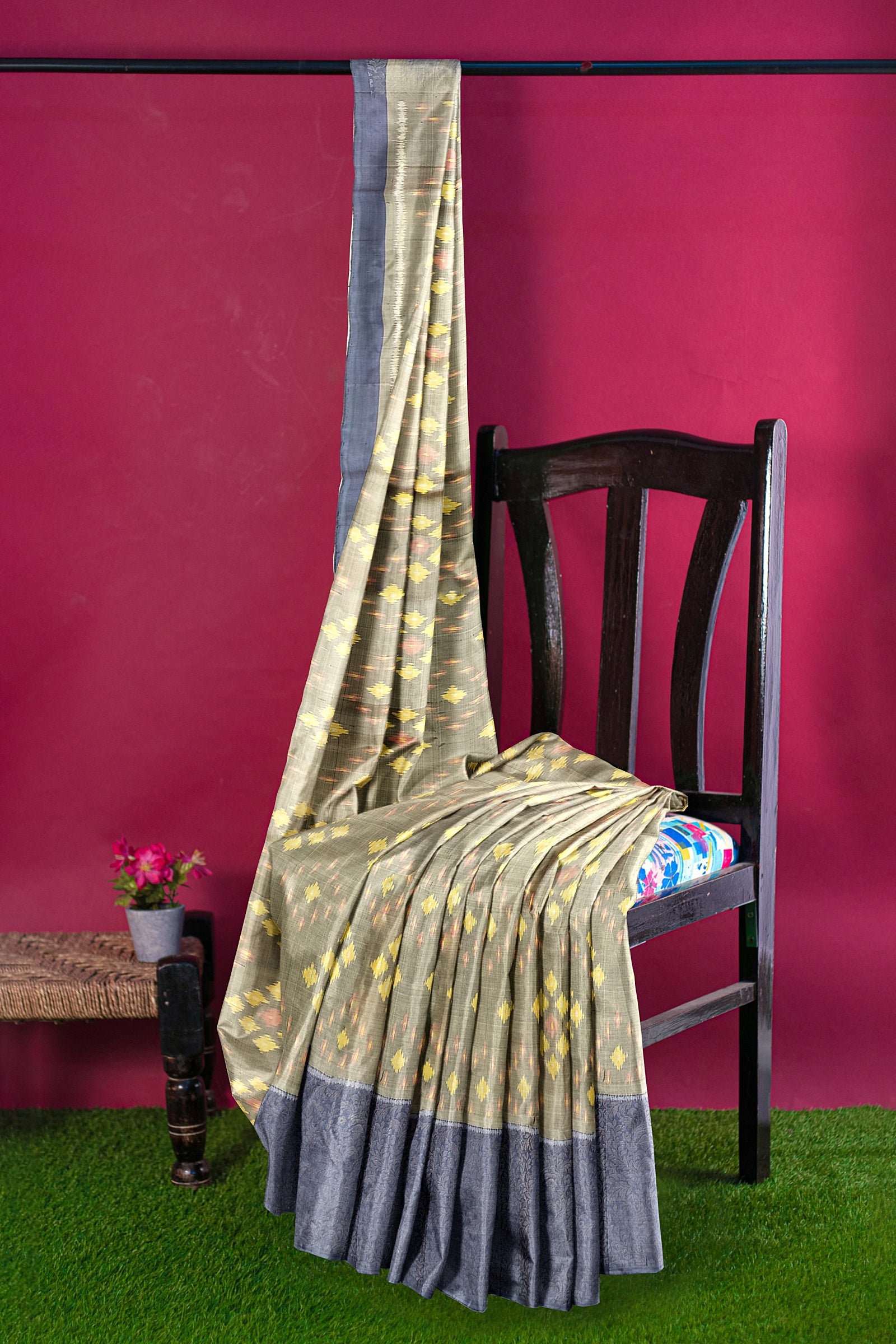 Hampshire gray with mid blue brocade patola soft silk saree - MIRASILKS Hampshire gray with mid blue brocade patola soft silk saree