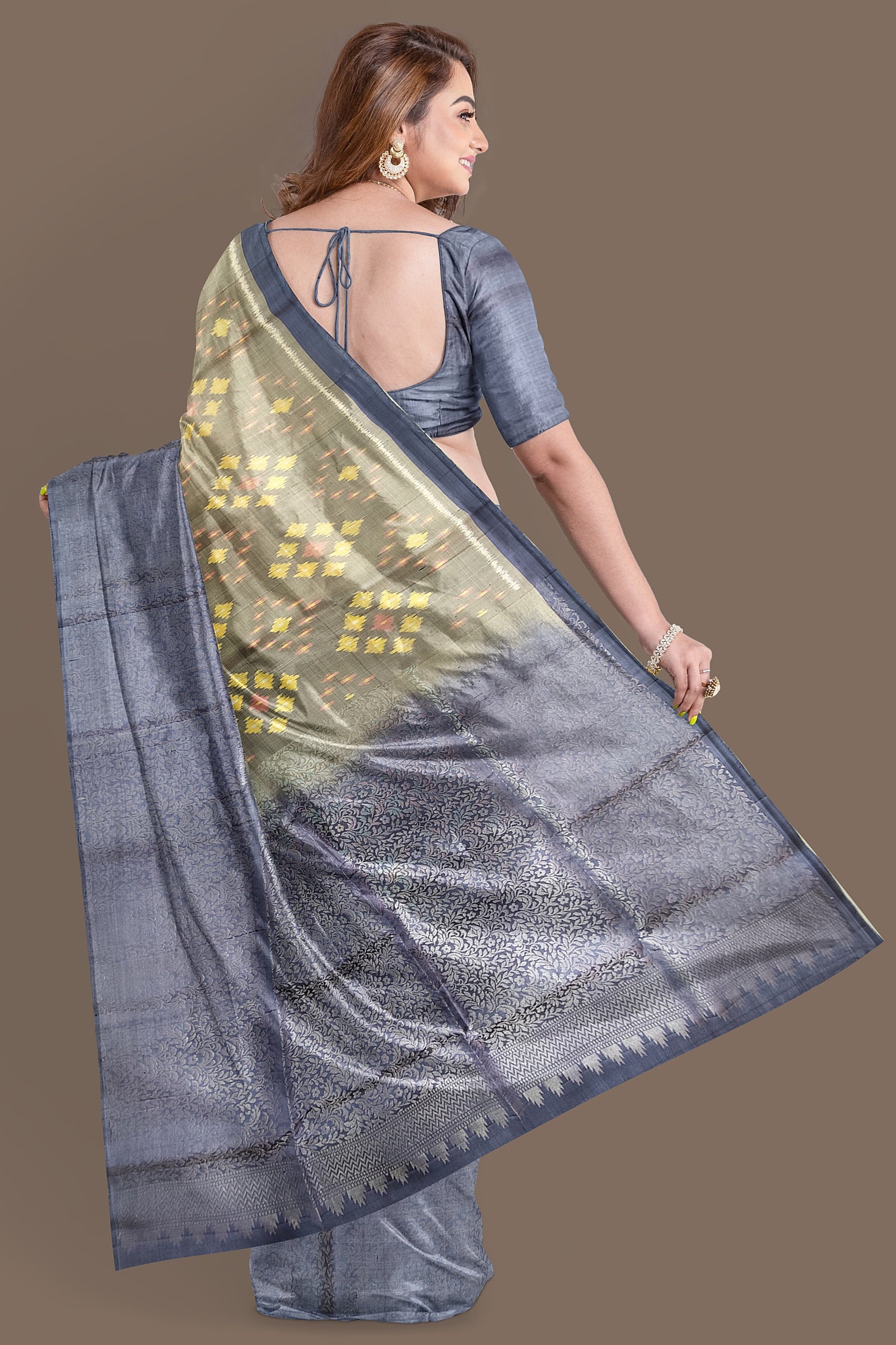 Hampshire gray with mid blue brocade patola soft silk saree - MIRASILKS Hampshire gray with mid blue brocade patola soft silk saree