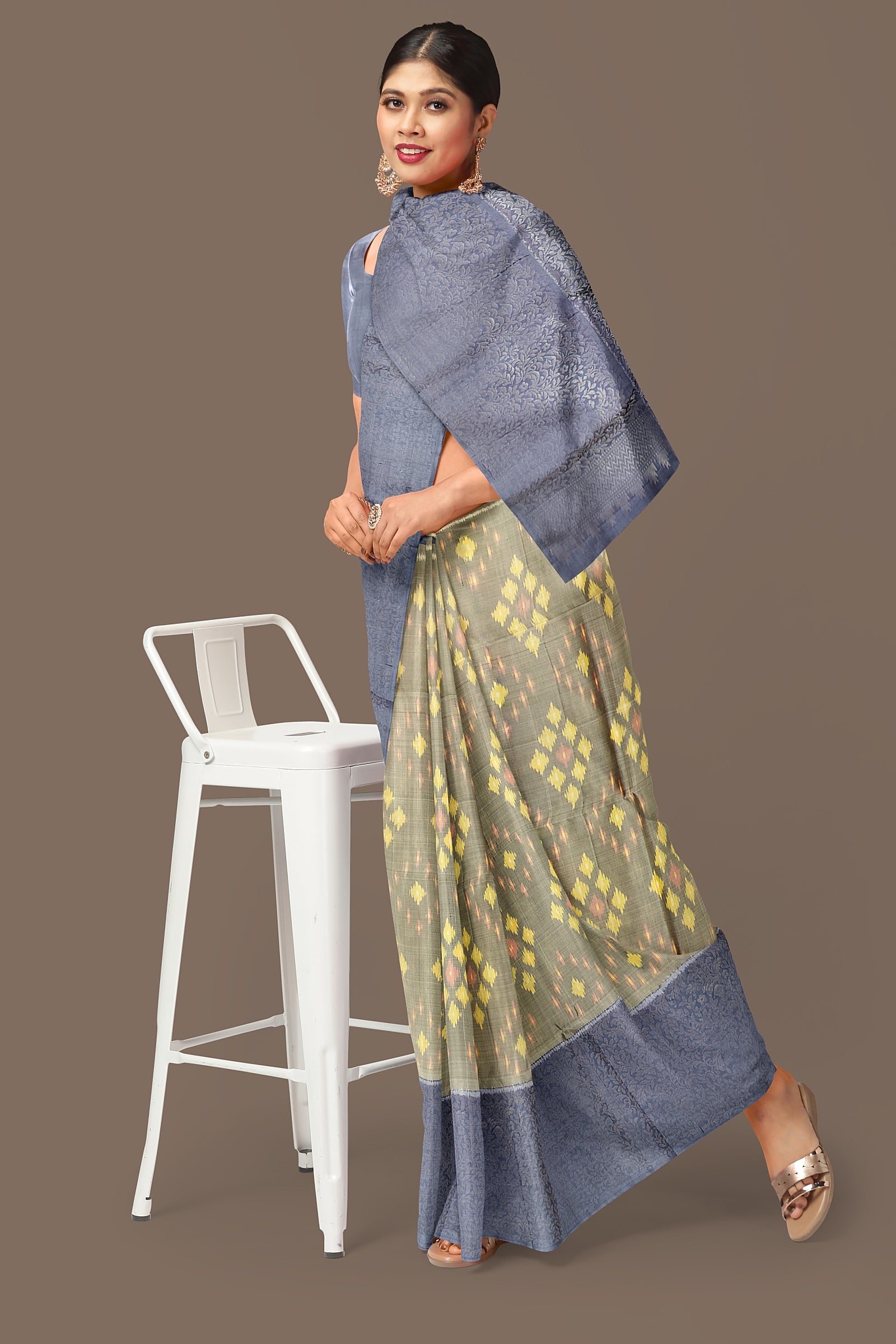 Hampshire gray with mid blue brocade patola soft silk saree - MIRASILKS Hampshire gray with mid blue brocade patola soft silk saree
