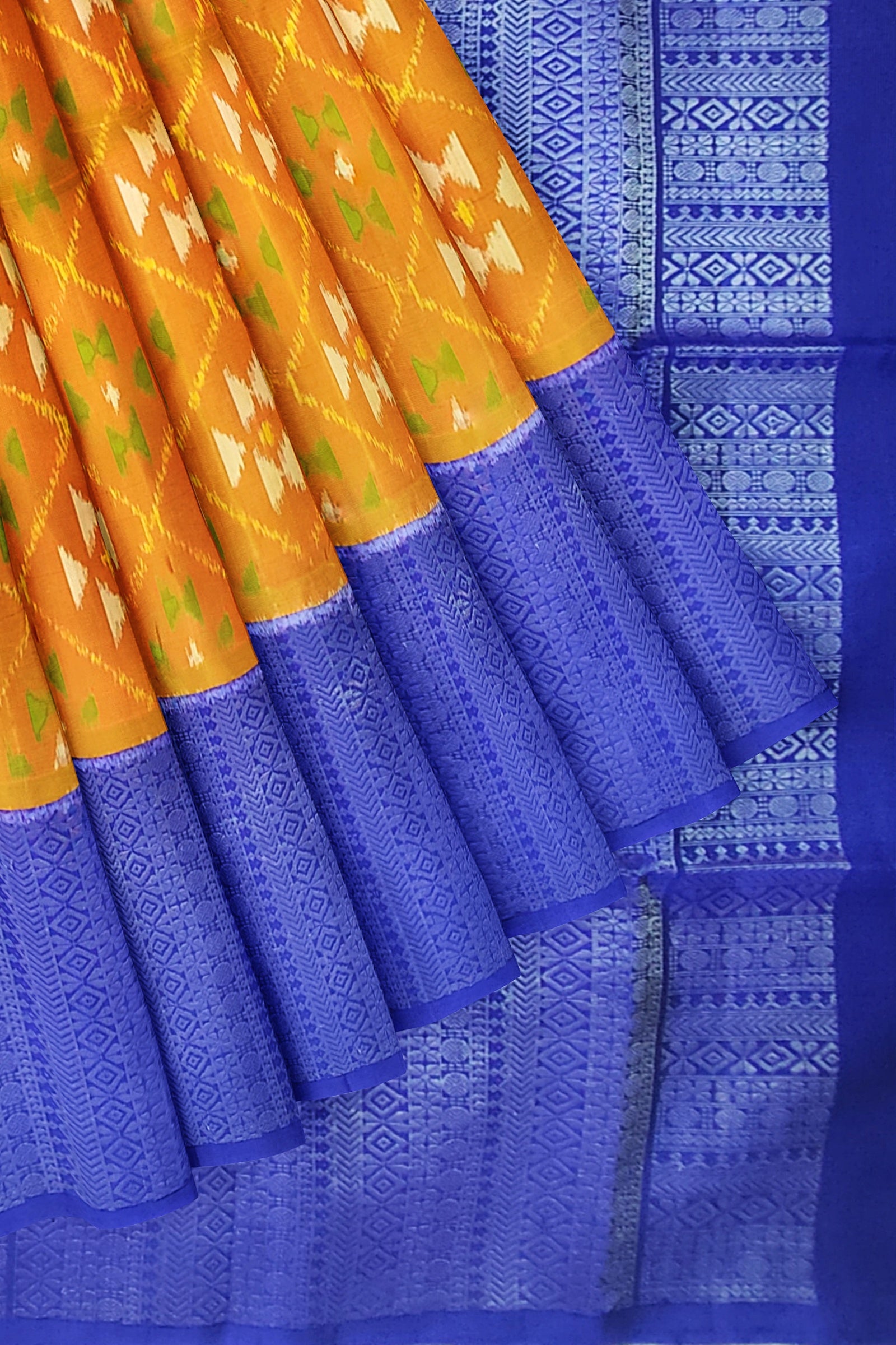 Pumpkin orange with royal blue brocade patola soft silk saree - MIRASILKS Pumpkin orange with royal blue brocade patola soft silk saree
