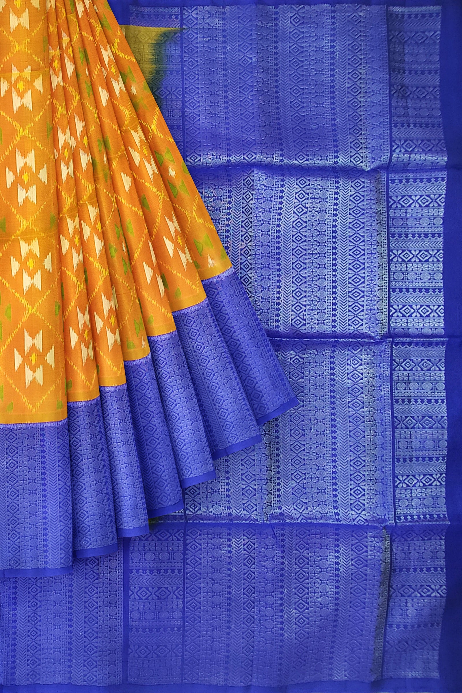 Pumpkin orange with royal blue brocade patola soft silk saree - MIRASILKS Pumpkin orange with royal blue brocade patola soft silk saree