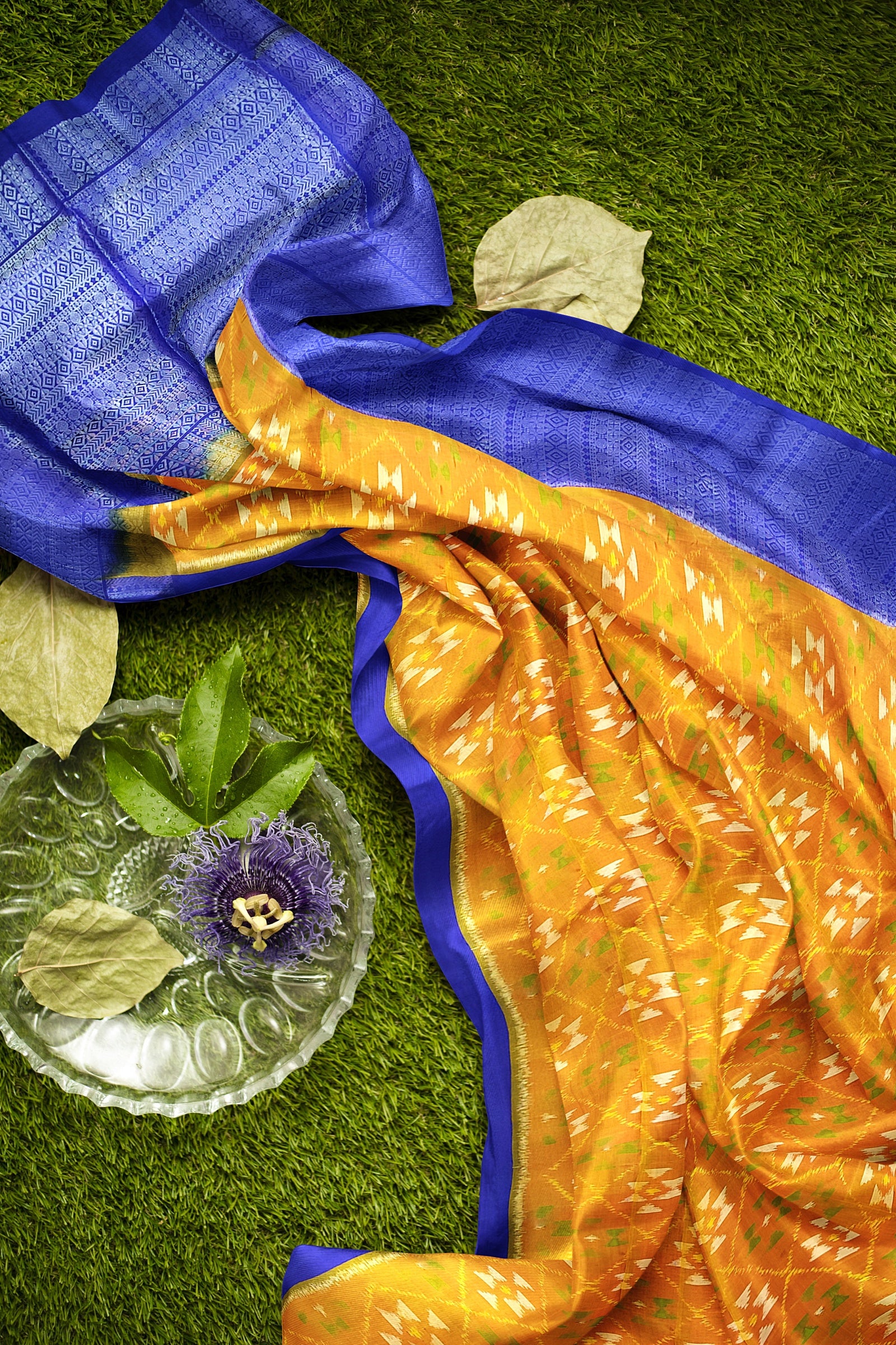 Pumpkin orange with royal blue brocade patola soft silk saree - MIRASILKS Pumpkin orange with royal blue brocade patola soft silk saree