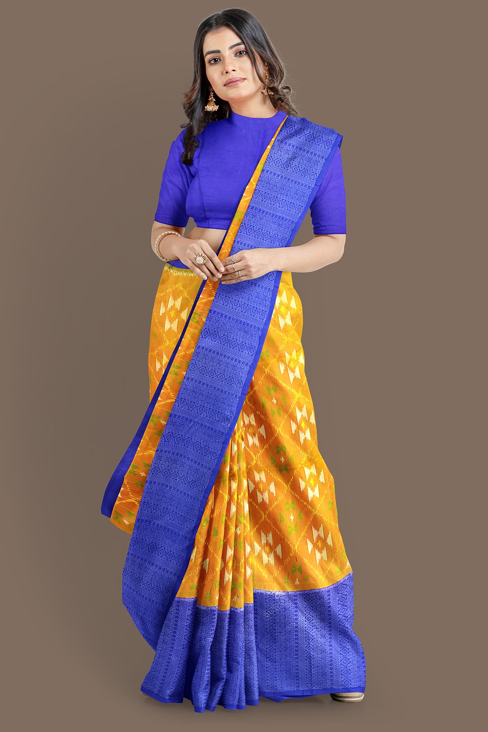 Pumpkin orange with royal blue brocade patola soft silk saree - MIRASILKS Pumpkin orange with royal blue brocade patola soft silk saree