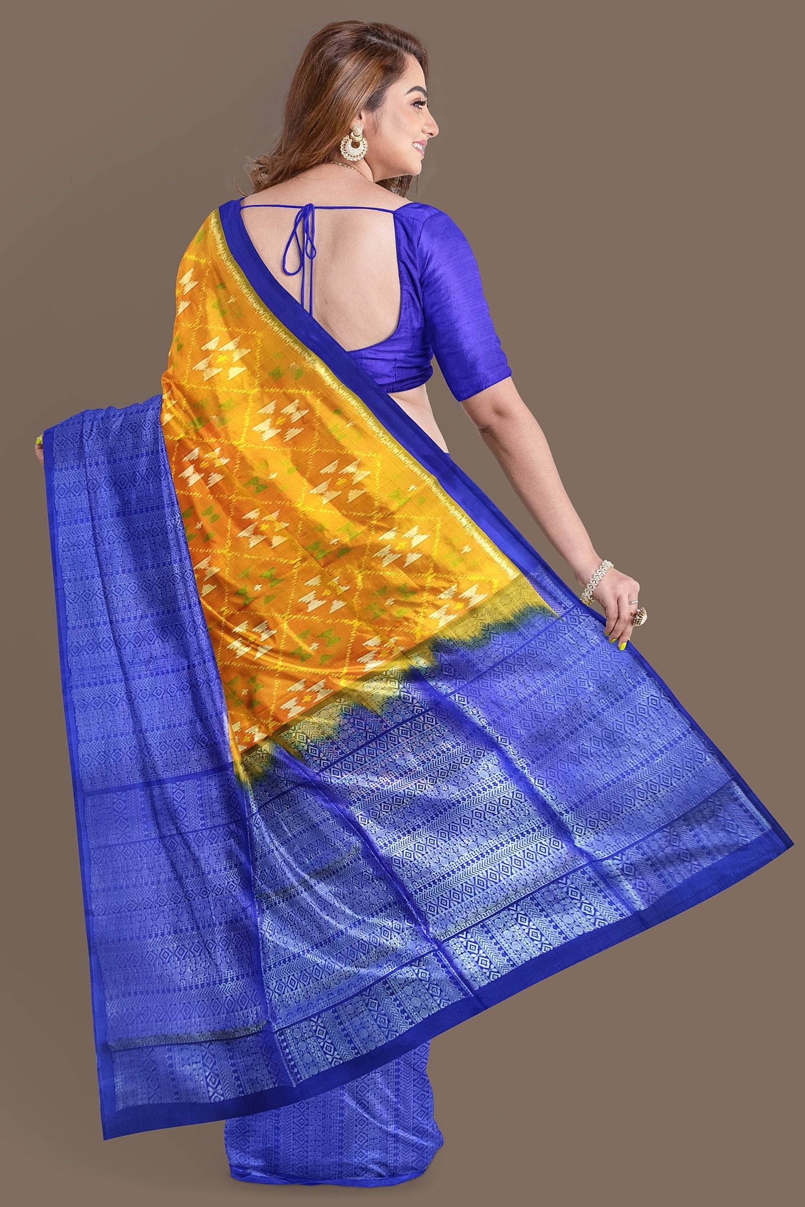 Pumpkin orange with royal blue brocade patola soft silk saree - MIRASILKS Pumpkin orange with royal blue brocade patola soft silk saree