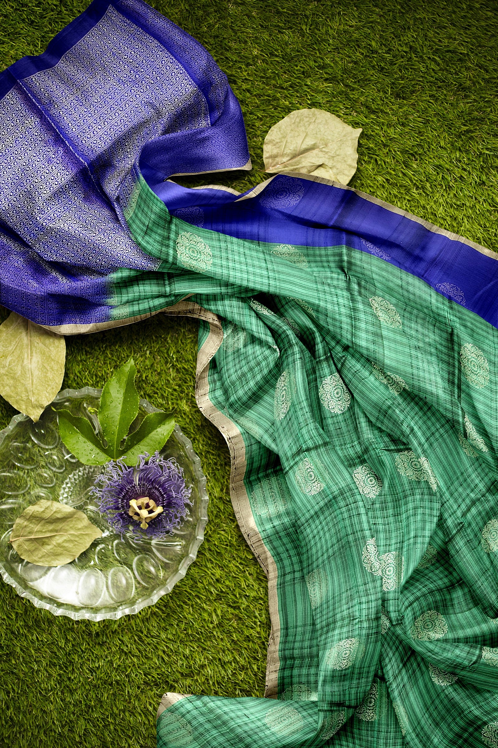 Pine green with royal blue soft silk saree - MIRASILKS Pine green with royal blue soft silk saree