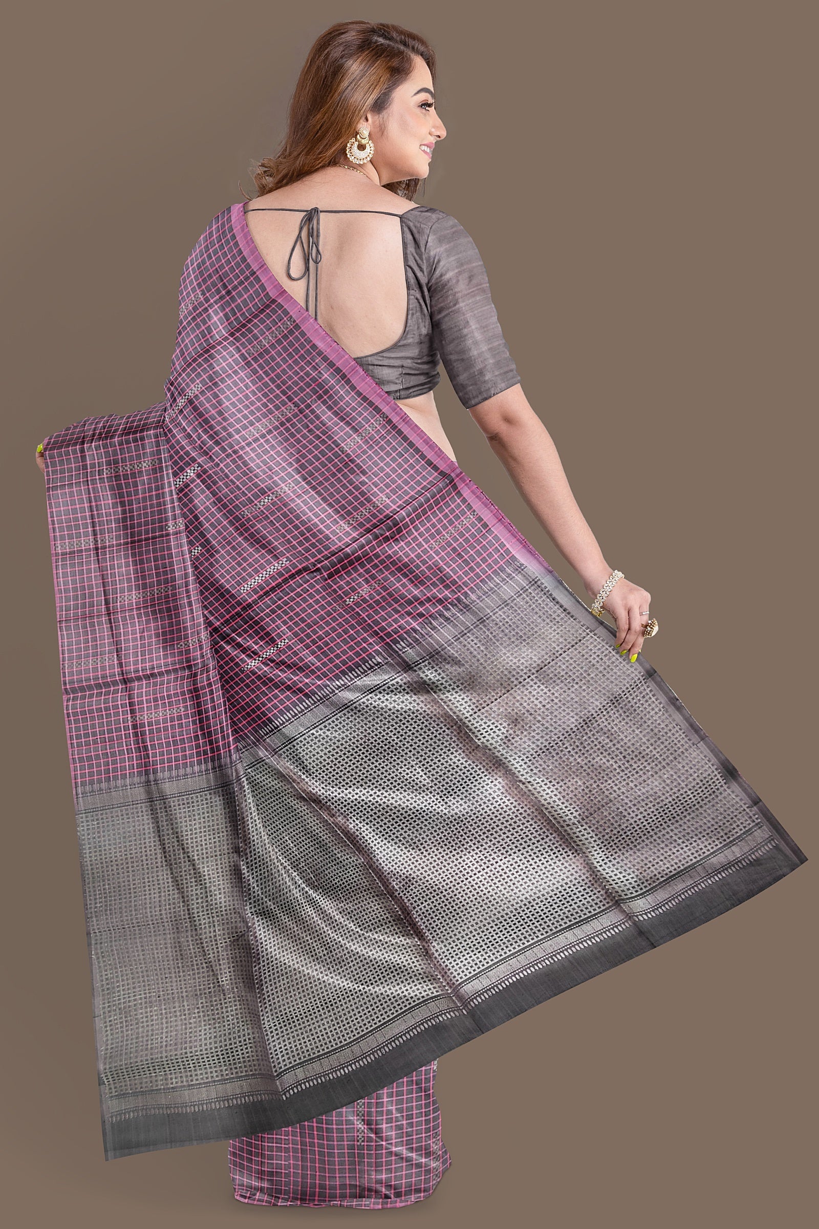 Mocha brown with silver motify on grey soft silk saree - MIRASILKS Mocha brown with silver motify on grey soft silk saree