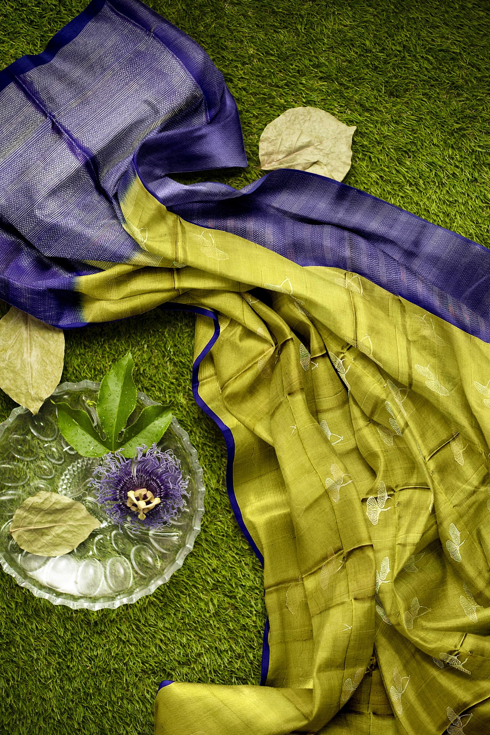 Olive Green with Navy blue soft silk saree - MIRASILKS Olive Green with Navy blue soft silk saree