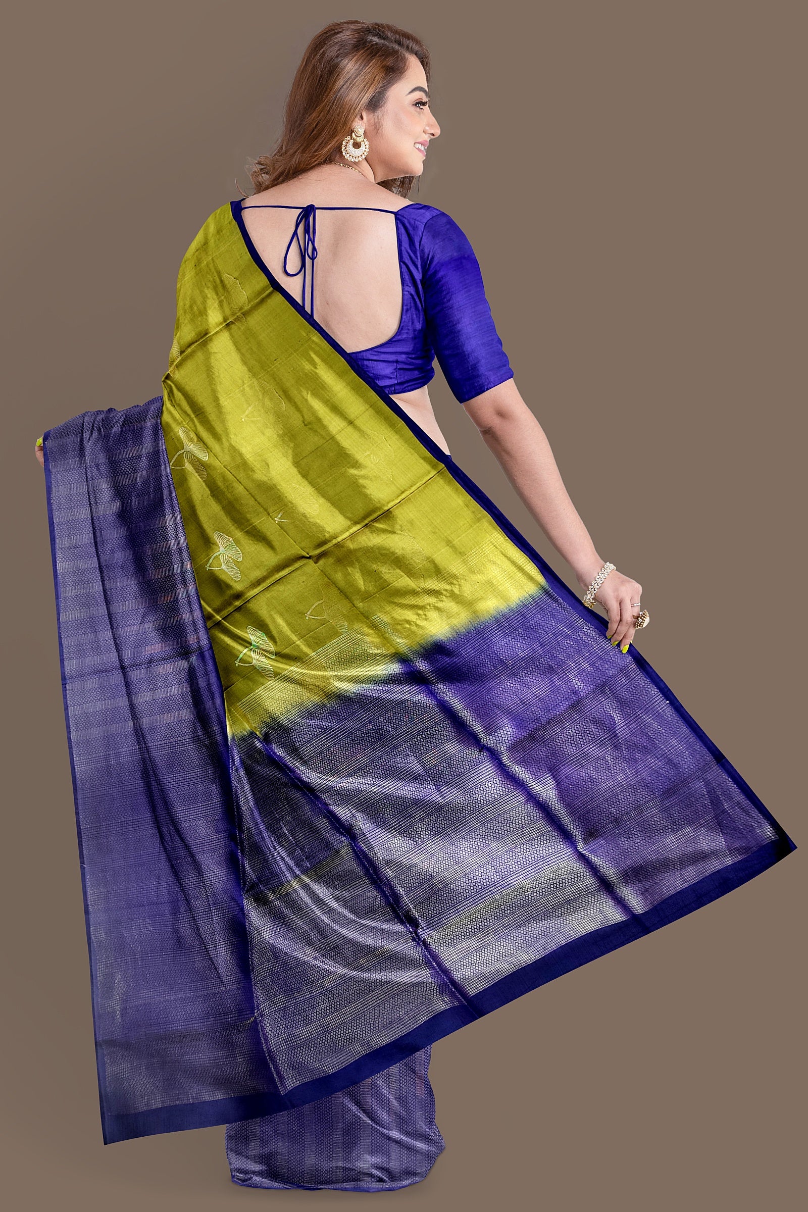 Olive Green with Navy blue soft silk saree - MIRASILKS Olive Green with Navy blue soft silk saree