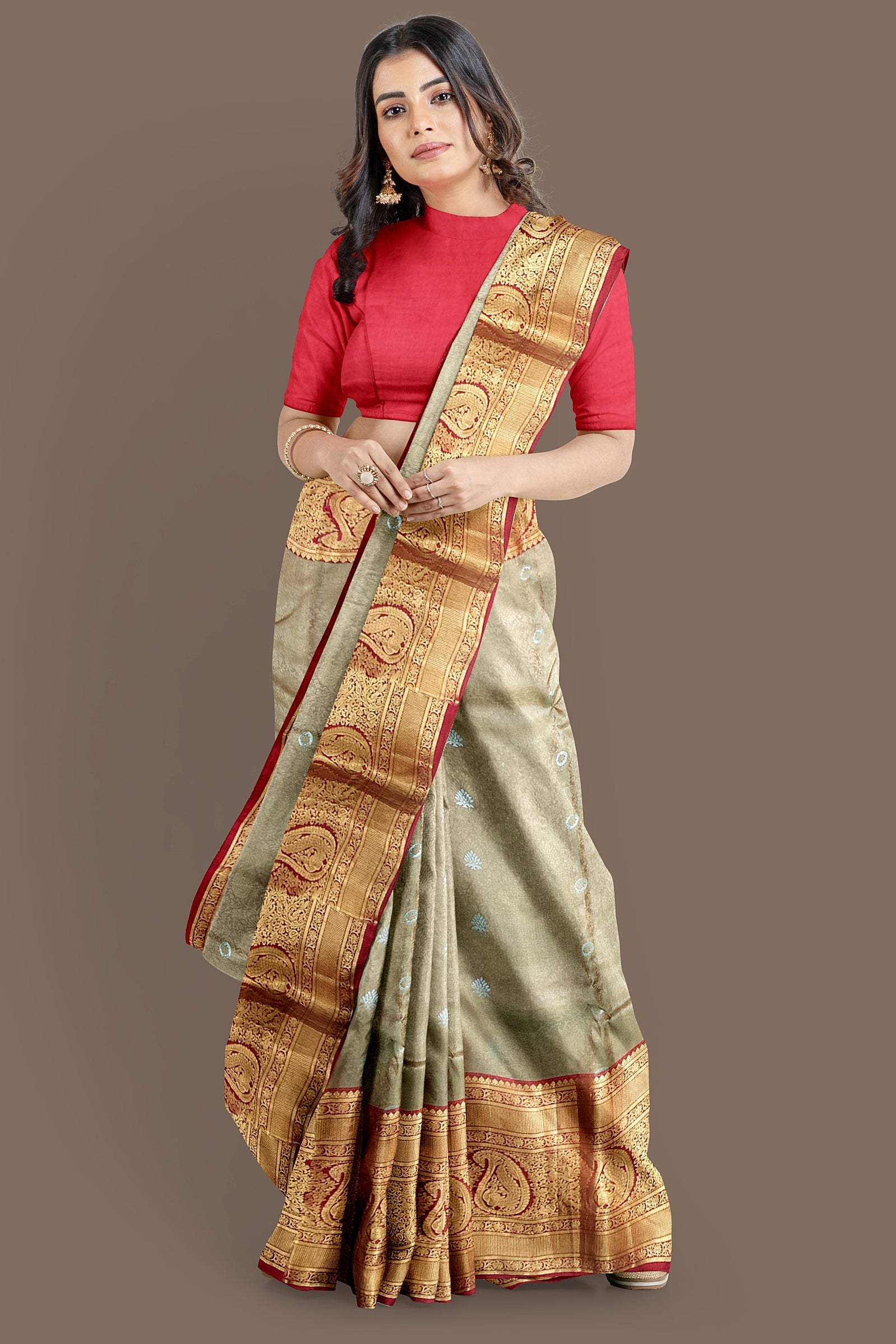 Sephia with Red Tissue Kanjivaram silk saree - MIRASILKS Sephia with Red Tissue Kanjivaram silk saree