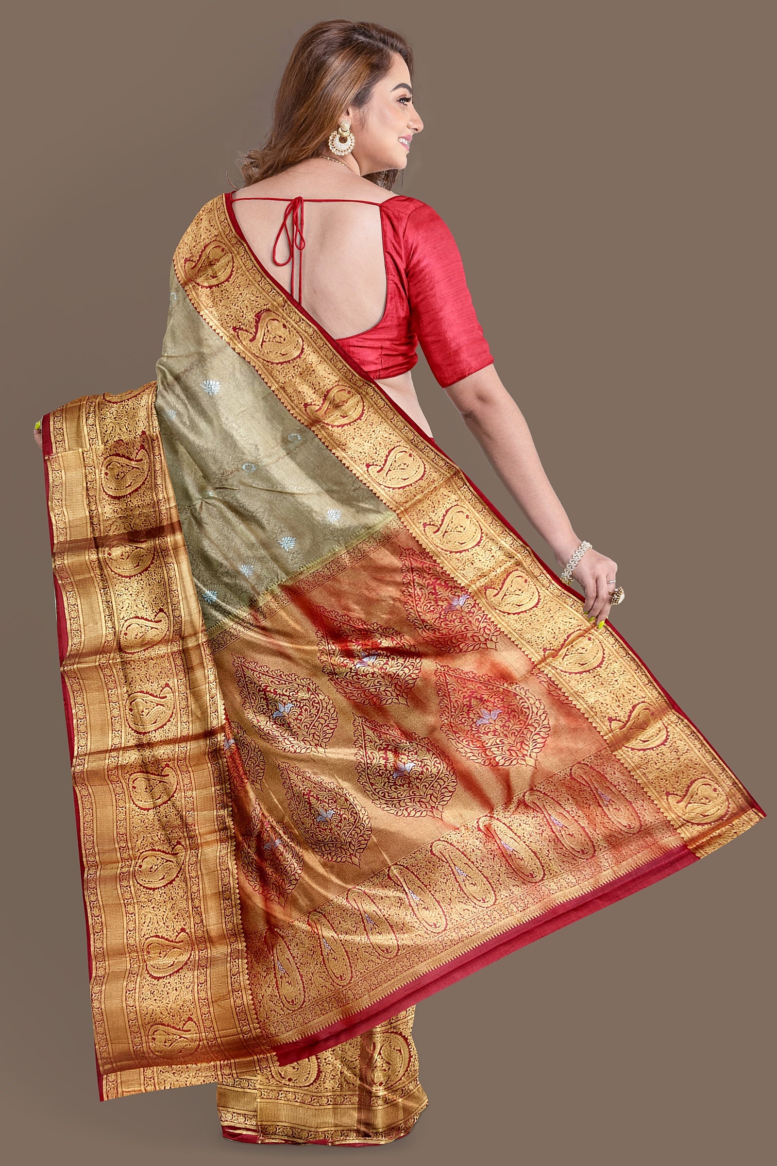 Sephia with Red Tissue Kanjivaram silk saree - MIRASILKS Sephia with Red Tissue Kanjivaram silk saree
