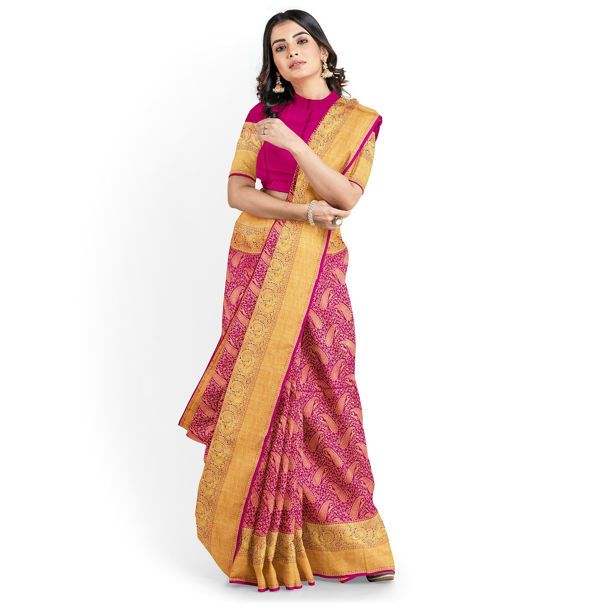 Magenta Kanjivaram Saree with Gold Border - MIRASILKS Magenta Kanjivaram Saree with Gold Border