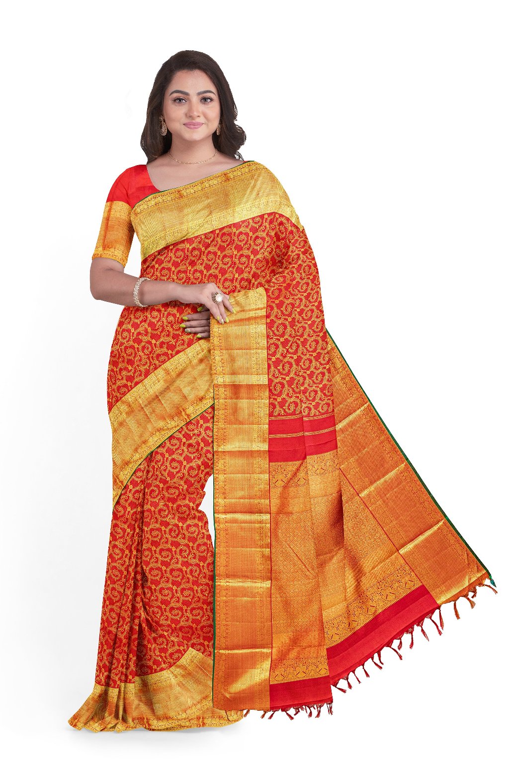 Paprika Red Kanjivaram Saree with Dark Green Border - MIRASILKS Paprika Red Kanjivaram Saree with Dark Green Border