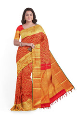 Paprika Red Kanjivaram Saree with Dark Green Border - MIRASILKS Paprika Red Kanjivaram Saree with Dark Green Border