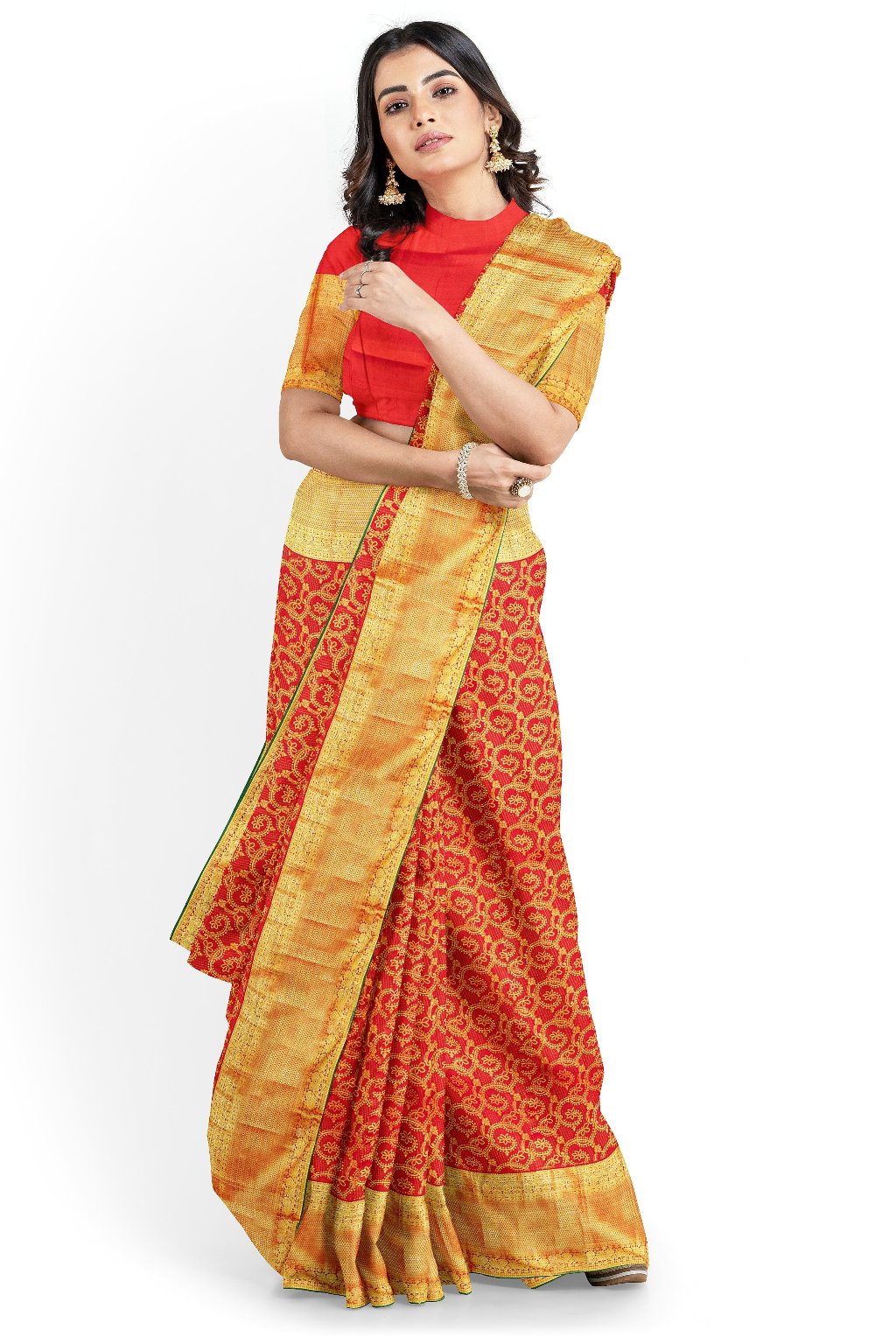 Paprika Red Kanjivaram Saree with Dark Green Border - MIRASILKS Paprika Red Kanjivaram Saree with Dark Green Border