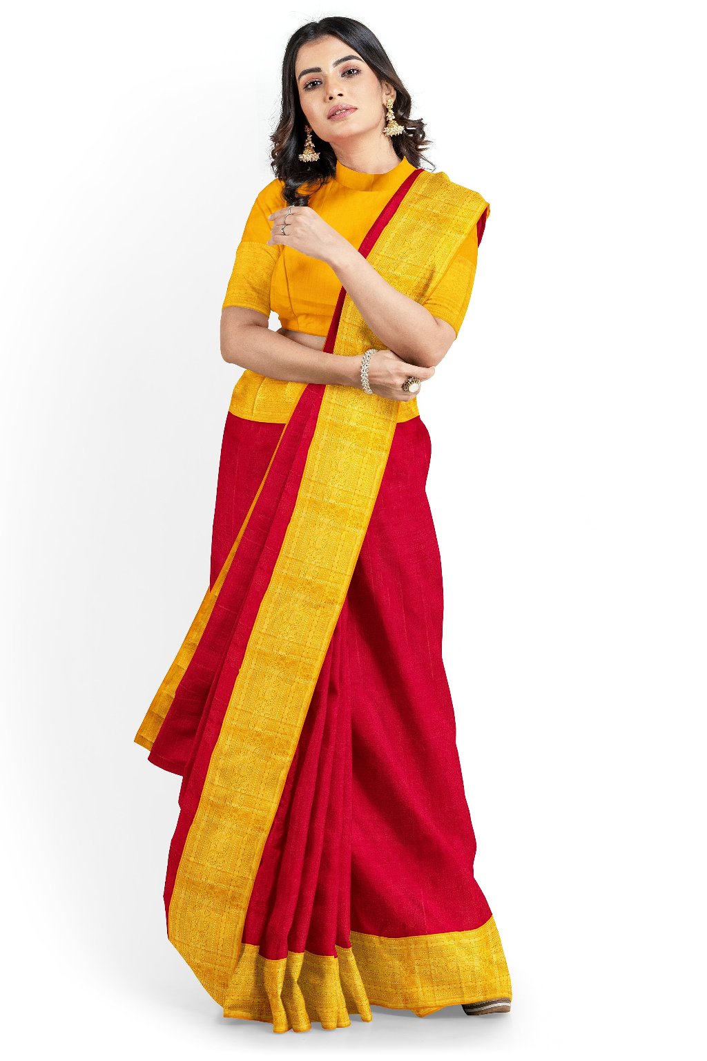 Maroon red with yellow gold Zari Border Kanjivaram Silk Saree - MIRASILKS Maroon red with yellow gold Zari Border Kanjivaram Silk Saree