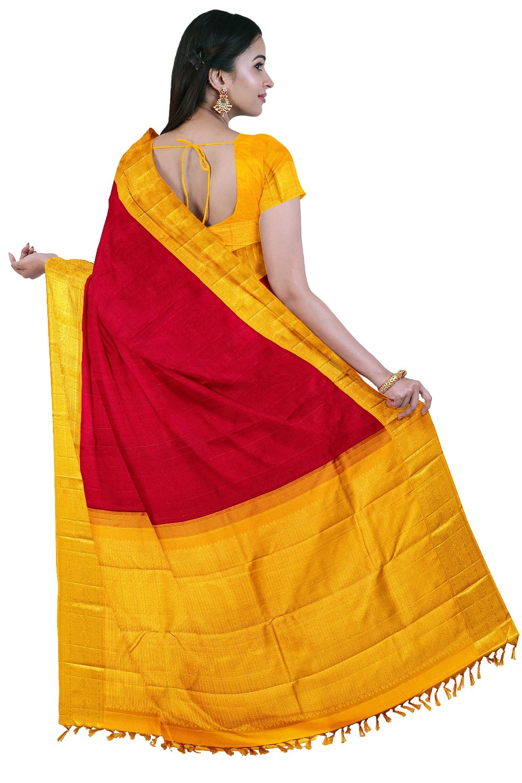 Maroon red with yellow gold Zari Border Kanjivaram Silk Saree - MIRASILKS Maroon red with yellow gold Zari Border Kanjivaram Silk Saree