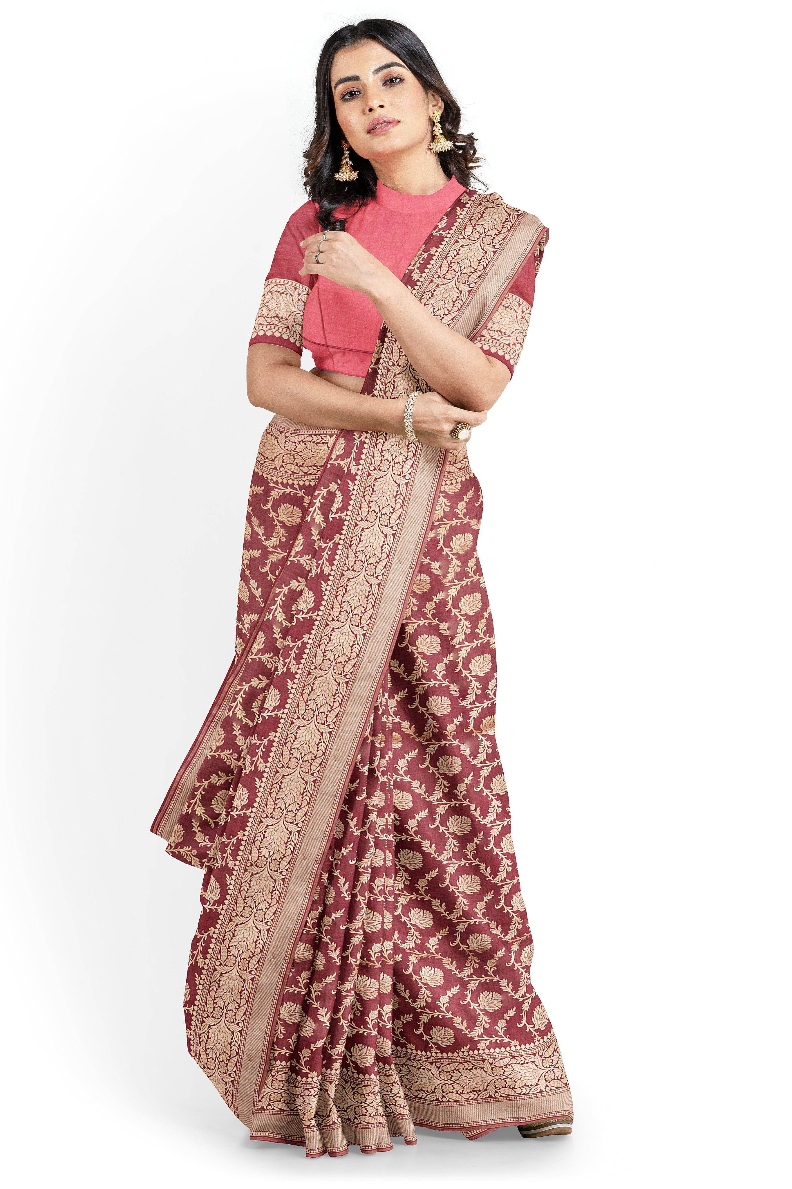 Windsor Wine color Banaras Katan Jaal Saree - MIRASILKS Windsor Wine color Banaras Katan Jaal Saree