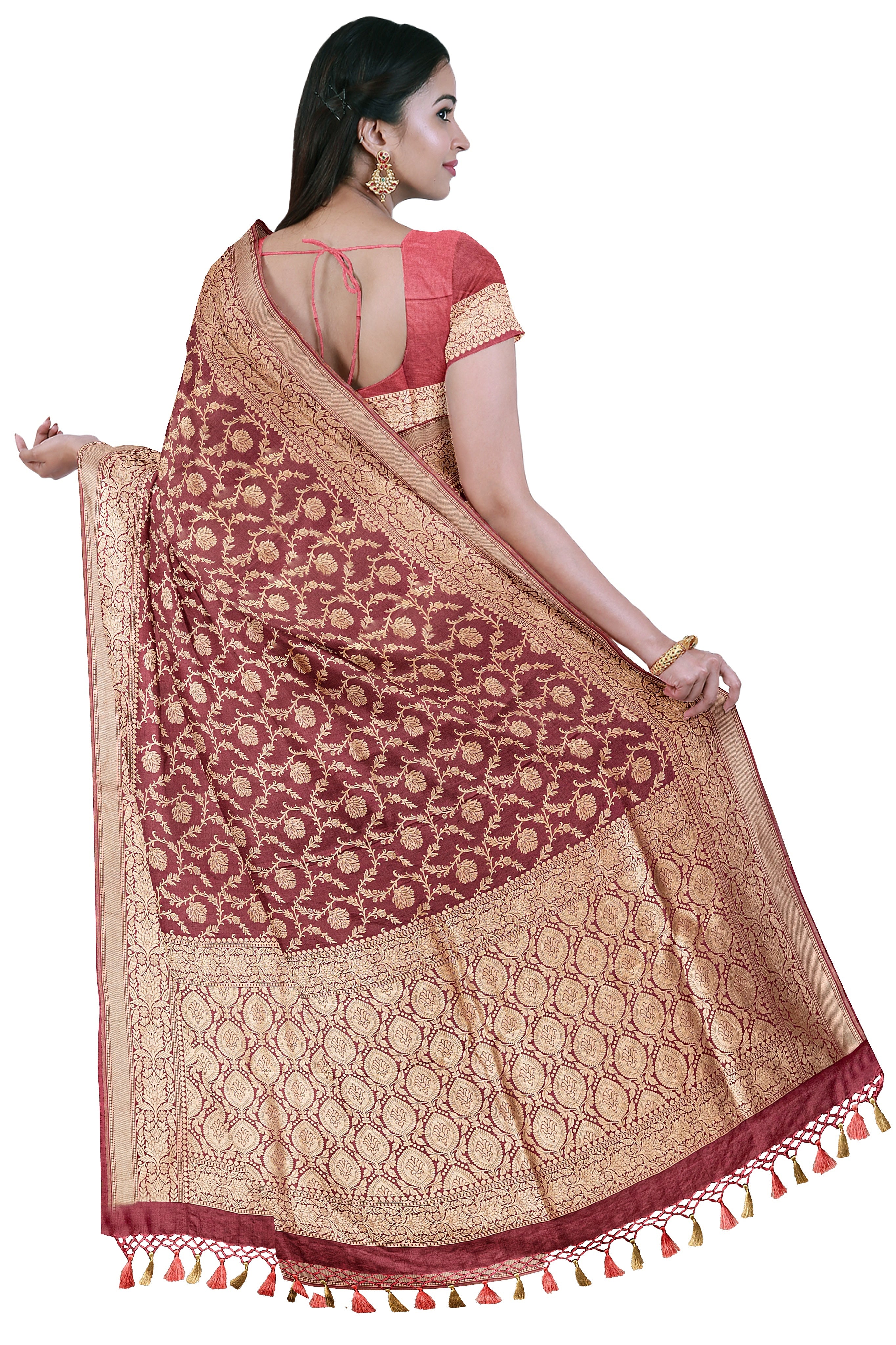 Windsor Wine color Banaras Katan Jaal Saree - MIRASILKS Windsor Wine color Banaras Katan Jaal Saree