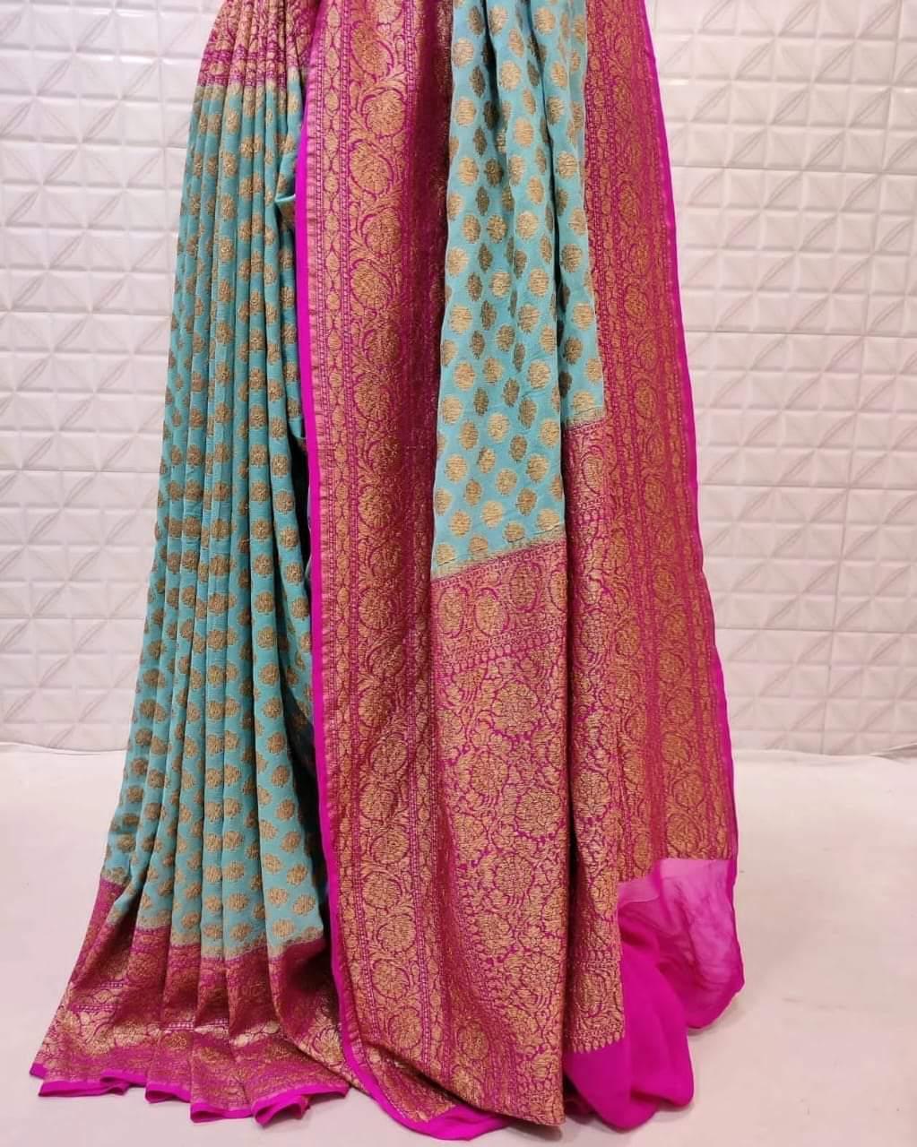 Teal Banarasi Georgette Saree with Pink Border - MIRASILKS Teal Banarasi Georgette Saree with Pink Border