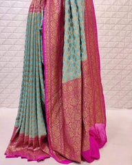 Teal Banarasi Georgette Saree with Pink Border - MIRASILKS Teal Banarasi Georgette Saree with Pink Border