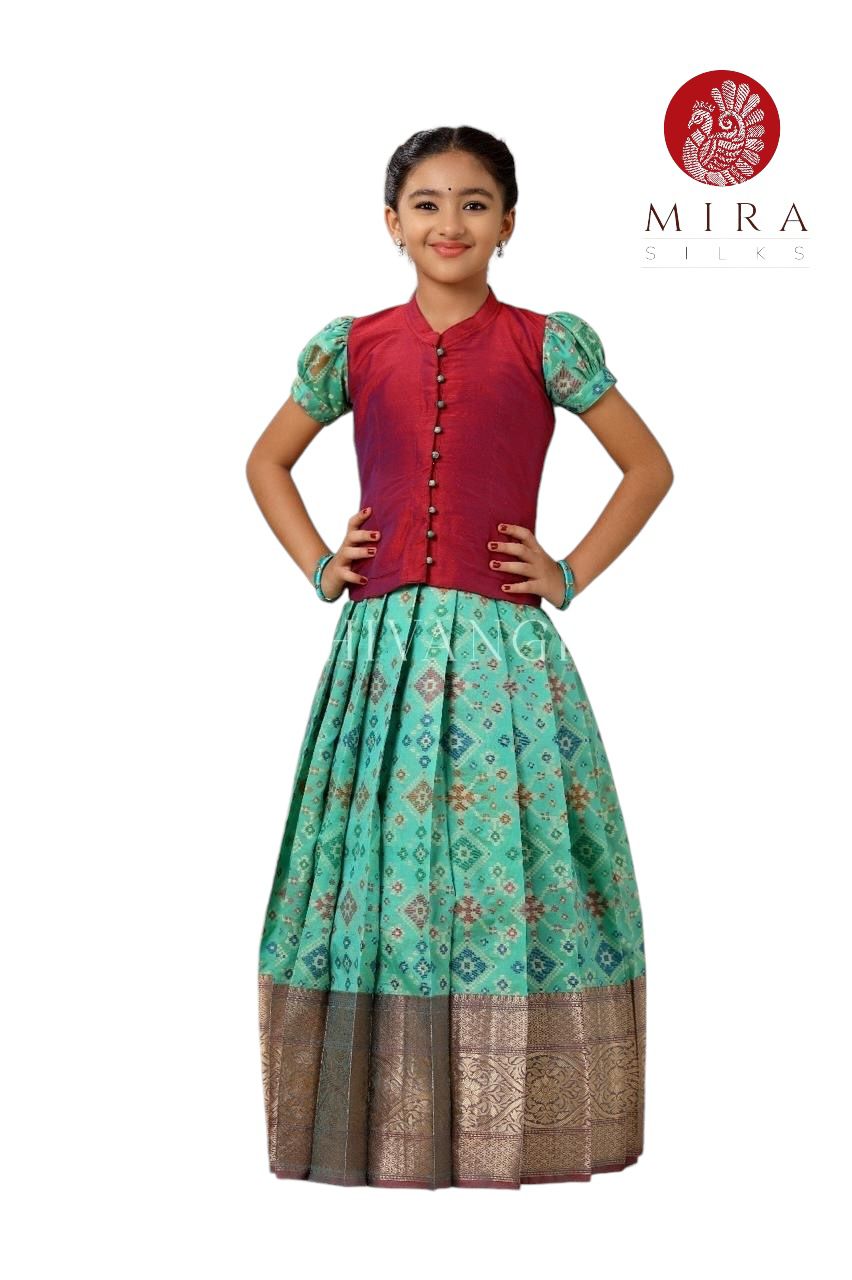 Teal Pattu Pavadai Set With Red Jacket | 5-6 years - MIRASILKS Teal Pattu Pavadai Set With Red Jacket | 5-6 years