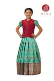 Teal Pattu Pavadai Set With Red Jacket | 5-6 years - MIRASILKS Teal Pattu Pavadai Set With Red Jacket | 5-6 years