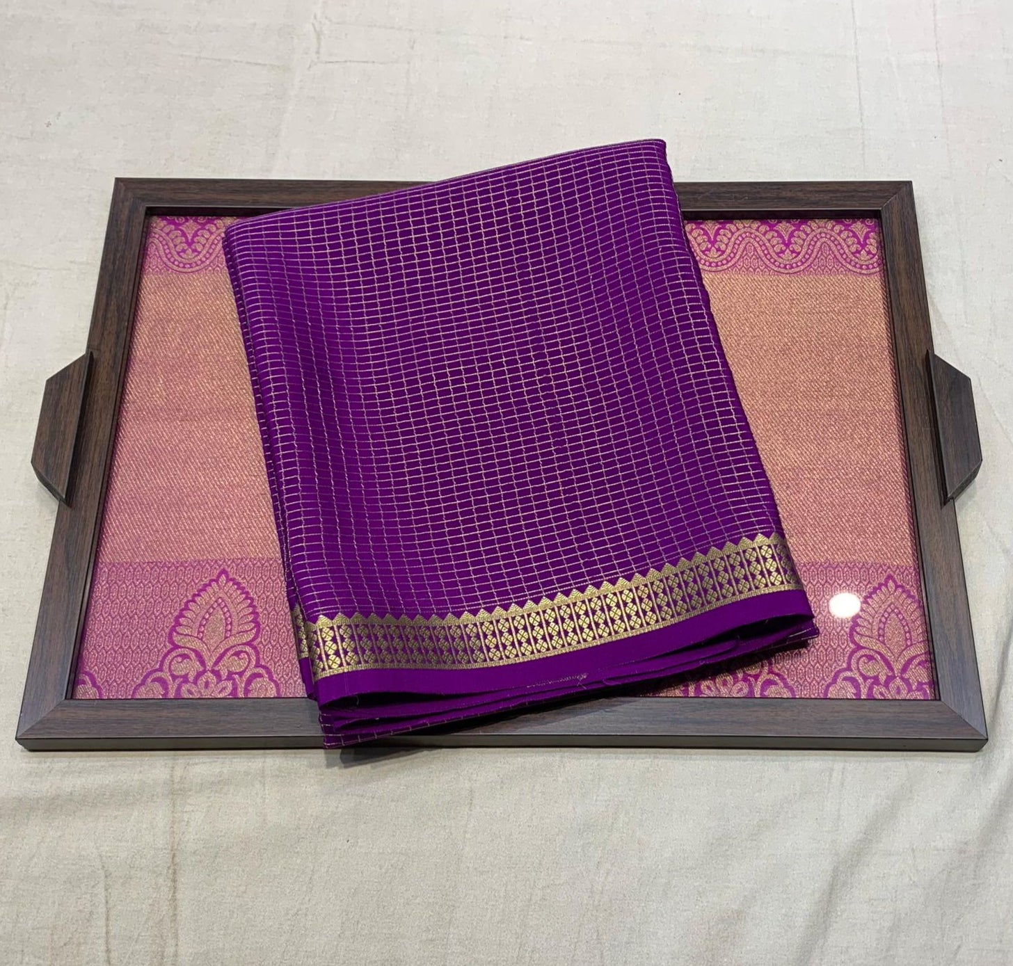Vibrant Purple Mysore Crepe Silk Saree With Golden Checks