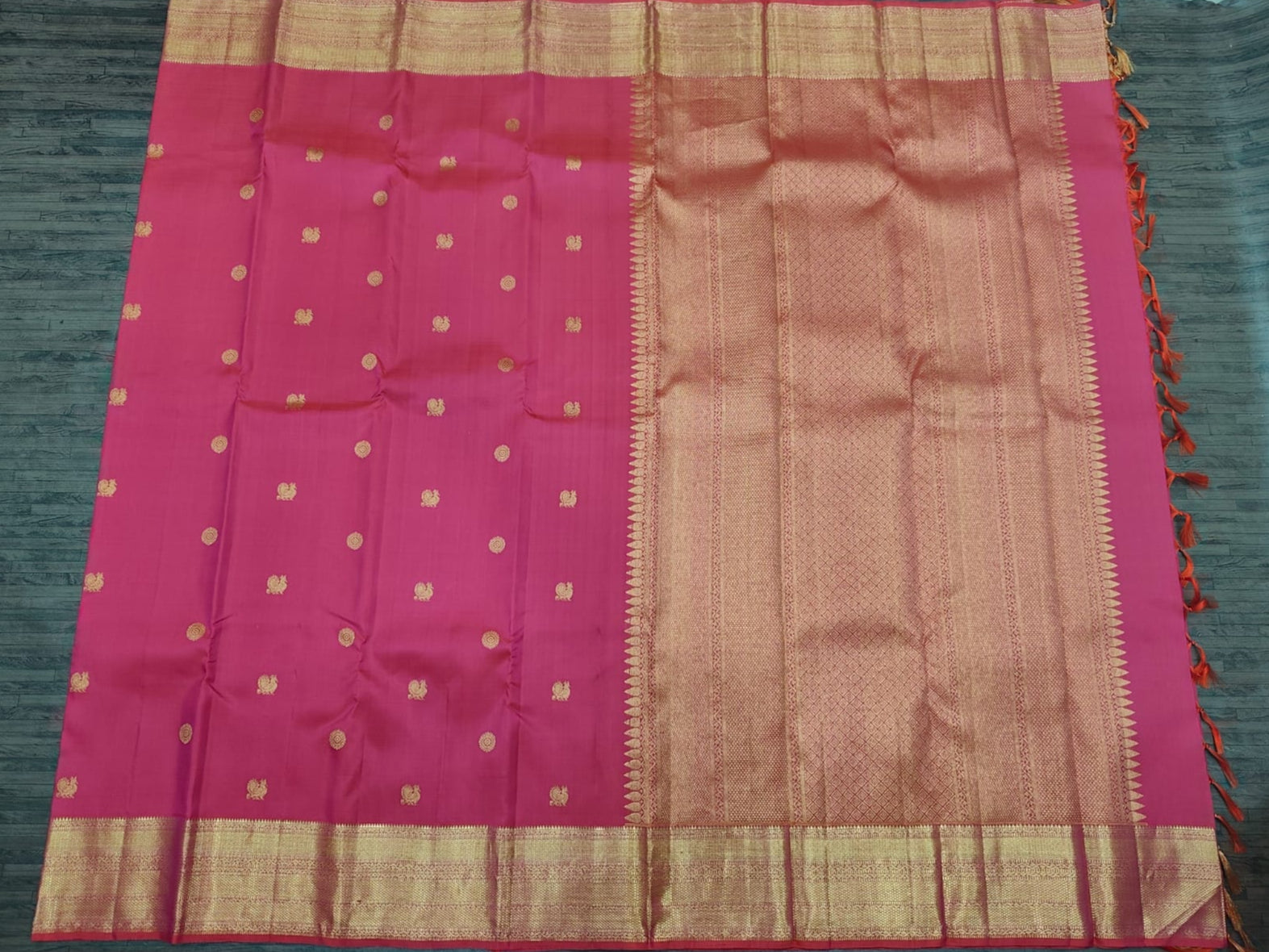Watermelon Pink Kanjivaram Saree with Gold Zari Border