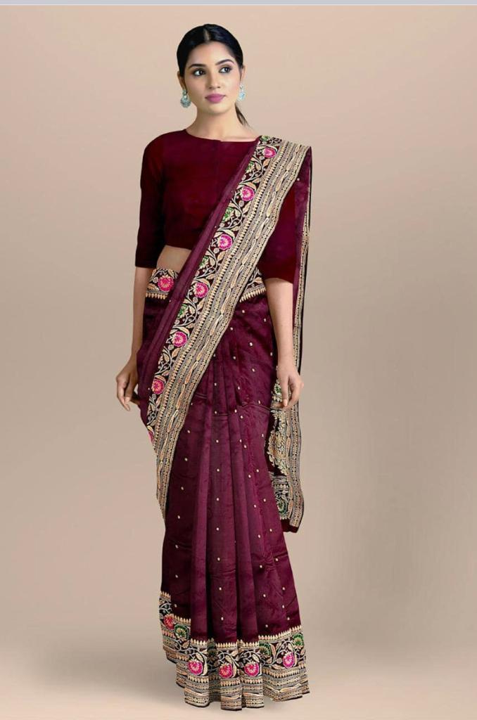 Rose Wood Red with Gold and Floral Border Benares Tussar Saree - MIRASILKS Rose Wood Red with Gold and Floral Border Benares Tussar Saree