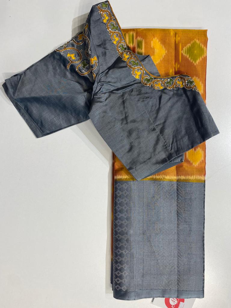 Mustard yellow with gray brocade patola soft silk saree - MIRASILKS Mustard yellow with gray brocade patola soft silk saree