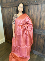 Salmon pink tussar silk saree with patch work & gold embroidery - MIRASILKS Salmon pink tussar silk saree with patch work & gold embroidery