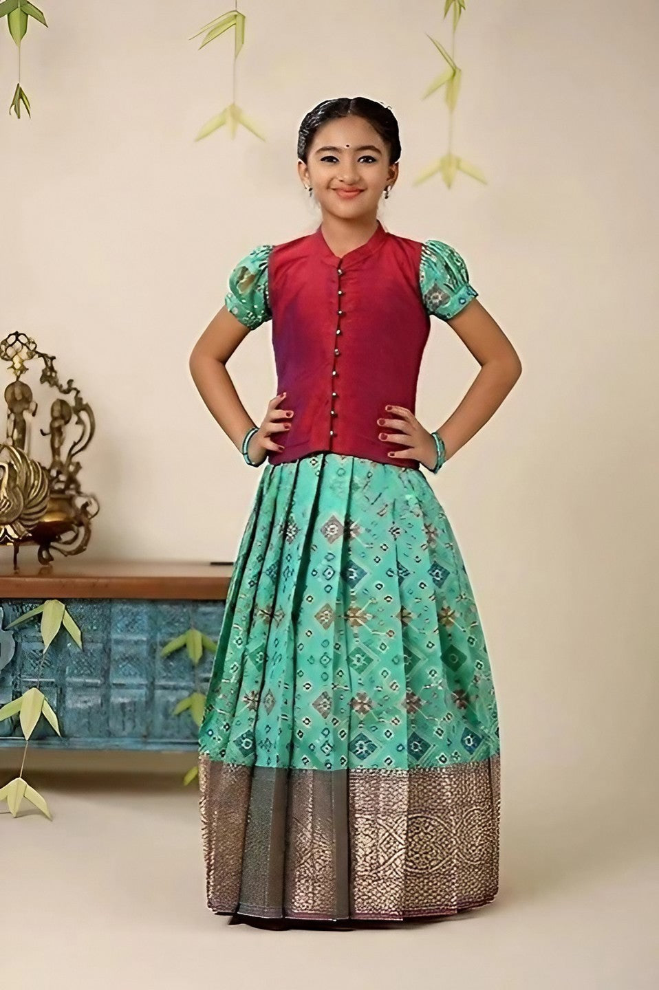 Teal Pattu Pavadai Set With Red Jacket | 5-6 years - MIRASILKS Teal Pattu Pavadai Set With Red Jacket | 5-6 years