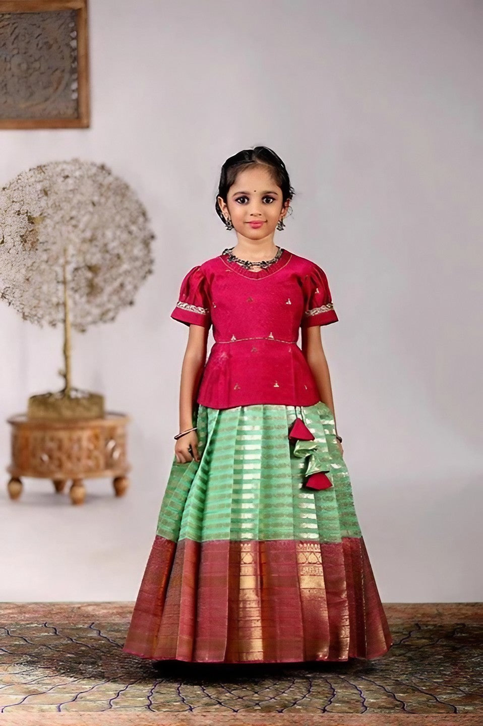 Red and Sea Green Pattu Pavadai Set | 1-2 years - MIRASILKS Red and Sea Green Pattu Pavadai Set | 1-2 years