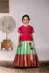 Red and Sea Green Pattu Pavadai Set | 1-2 years - MIRASILKS Red and Sea Green Pattu Pavadai Set | 1-2 years