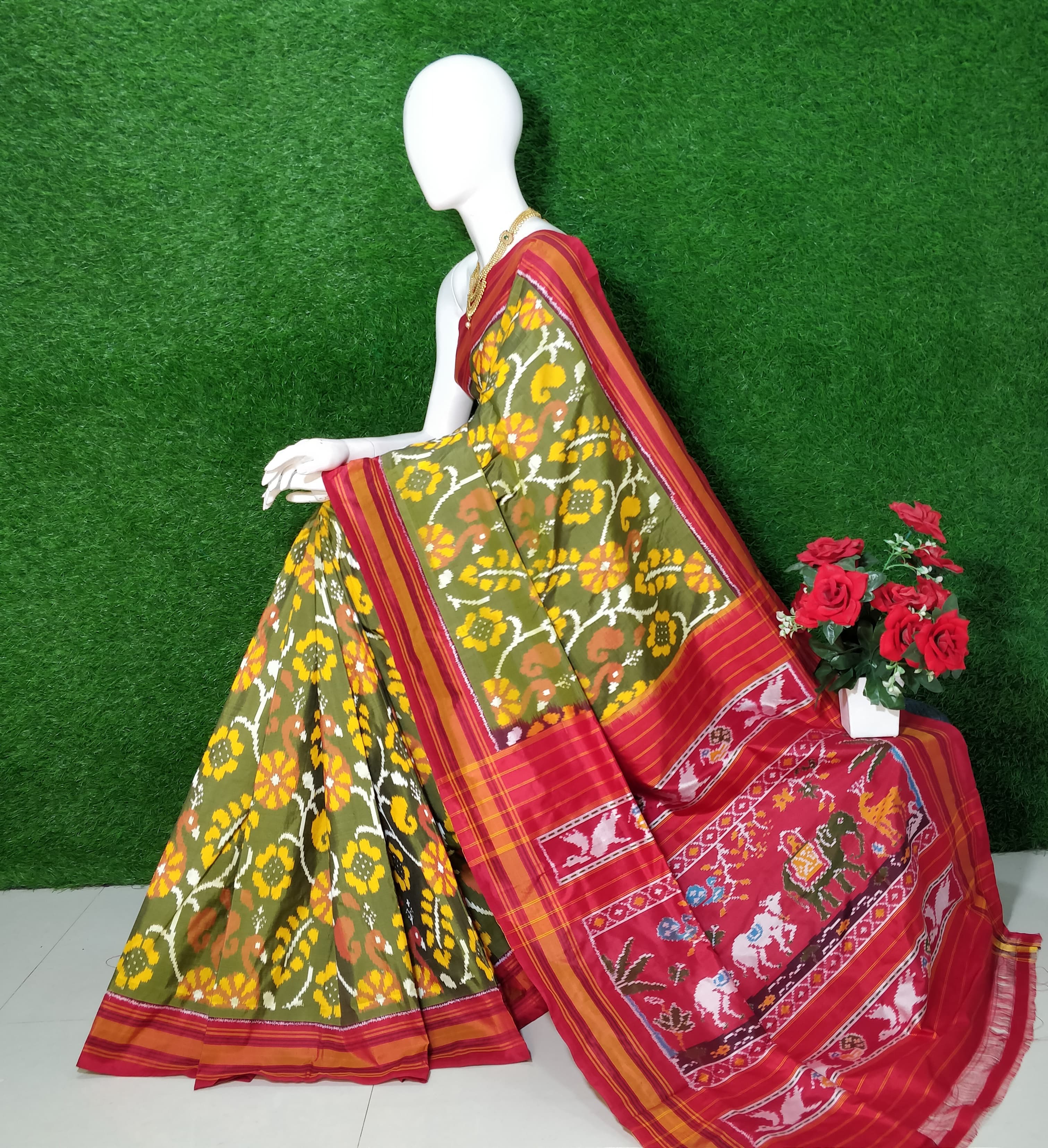 Olive Green Patola Silk Saree with Yellow Floral Patterns - MIRASILKS Olive Green Patola Silk Saree with Yellow Floral Patterns