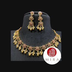 Pink Stone Jewelry Set of Necklace and Earrings With Hanging Pearls - MIRASILKS Pink Stone Jewelry Set of Necklace and Earrings With Hanging Pearls