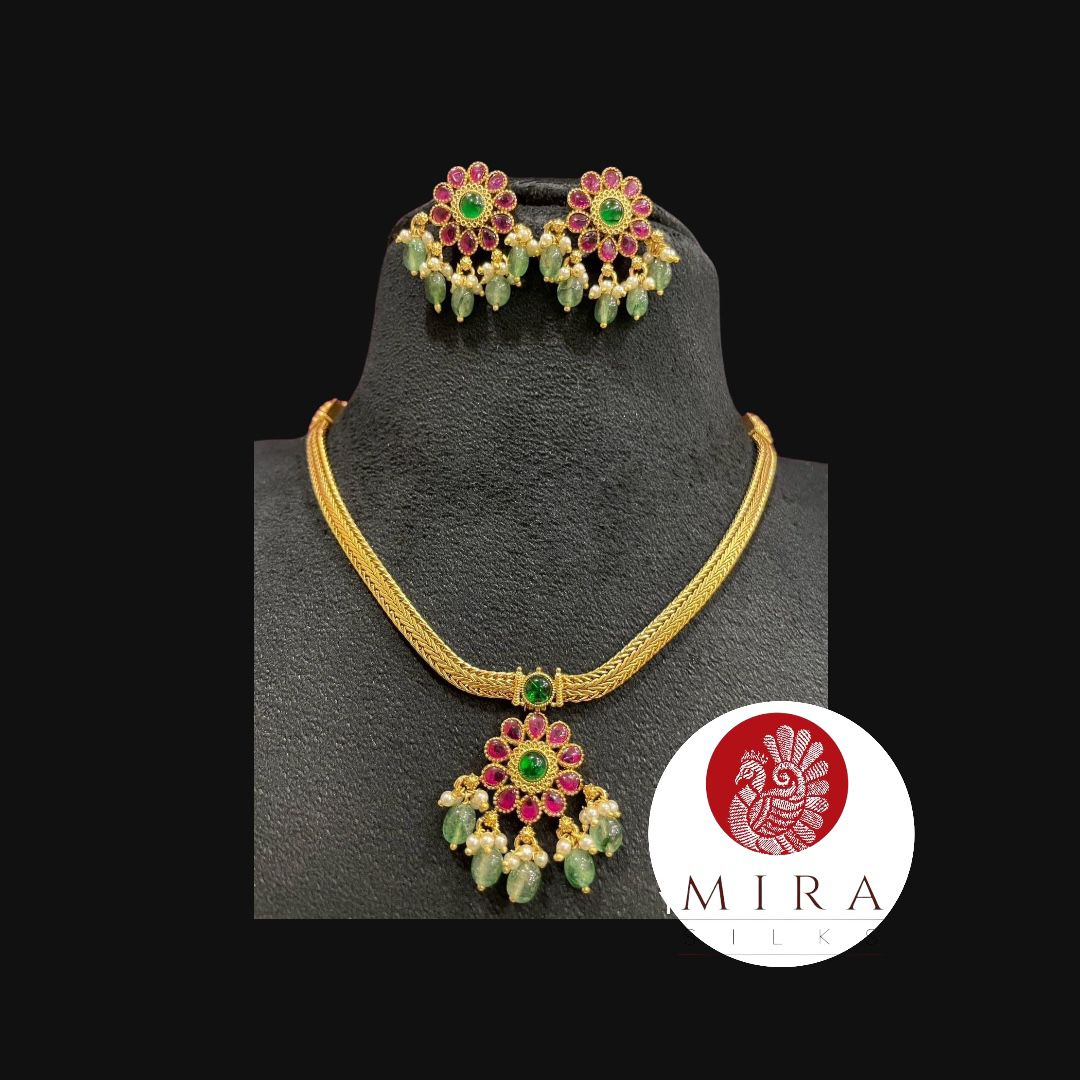 Pink and Green Stone traditional Adigai Jewelry Set - MIRASILKS Pink and Green Stone traditional Adigai Jewelry Set