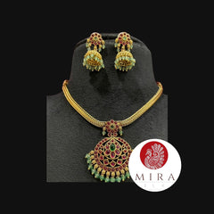 Pink and Green Stone Attigai Jewelry Set - MIRASILKS Pink and Green Stone Attigai Jewelry Set