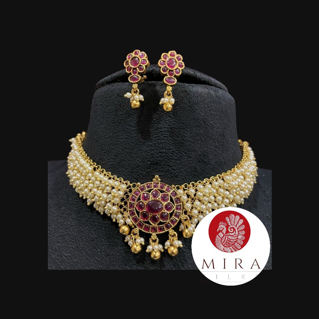 Pearl Choker Jewelry Set of Pink Stone Necklace and Earrings - MIRASILKS Pearl Choker Jewelry Set of Pink Stone Necklace and Earrings