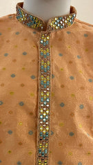 French Beige Jaquard Kurta Set for Men with Mirror Work - MIRASILKS French Beige Jaquard Kurta Set for Men with Mirror Work